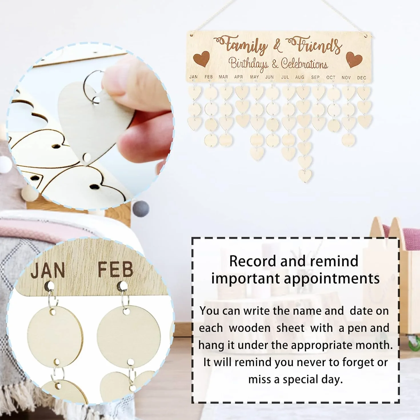 Calendrier Mural en Bois avec 100 Étiquettes pour Anniversaire, Décoration Murale Maison