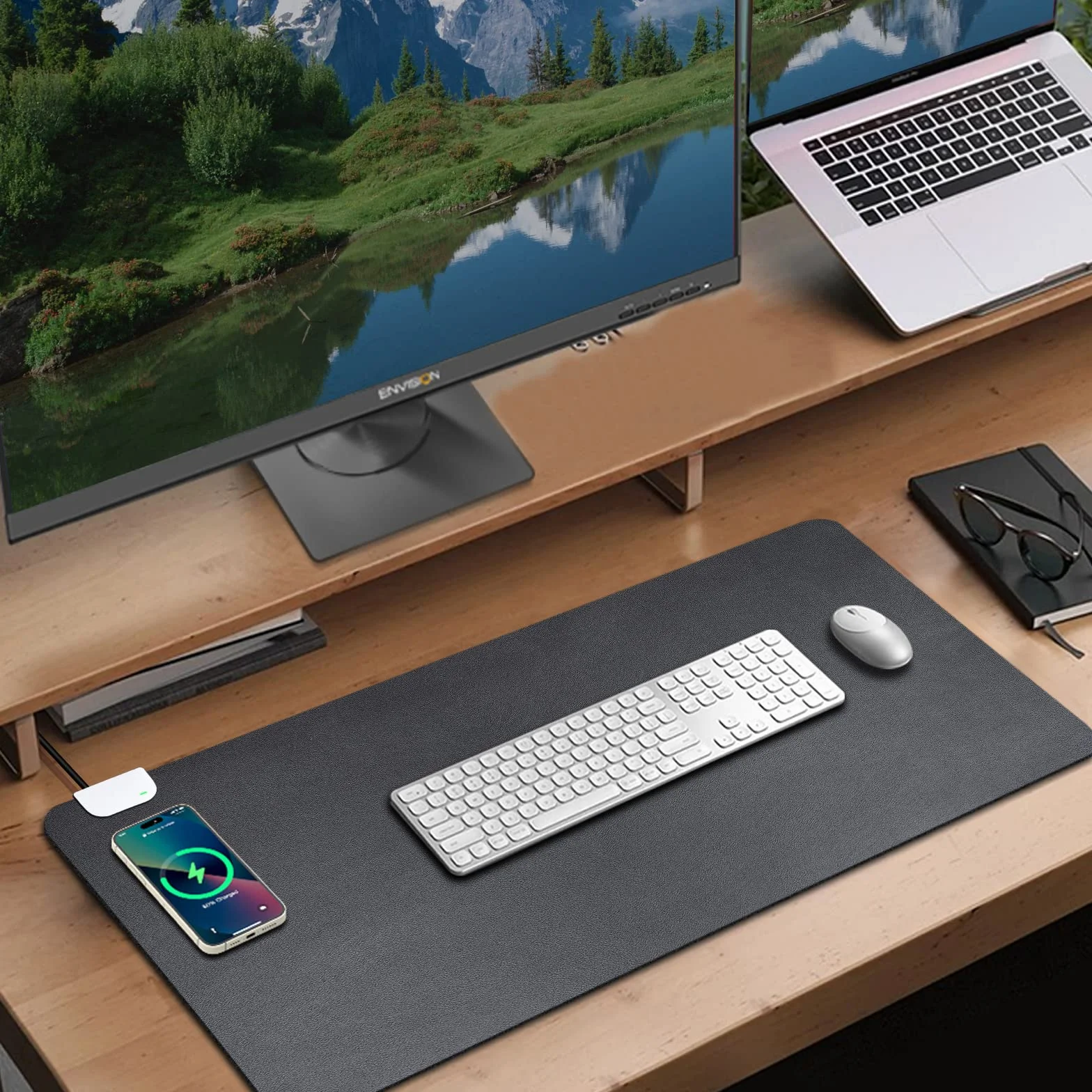GORESE Sous-main Bureau en Cuir PU avec Charge rapide sans fil 10W, Tapis Bureau Tapis de Souris étanche antidérapant 90x42 cm Noir