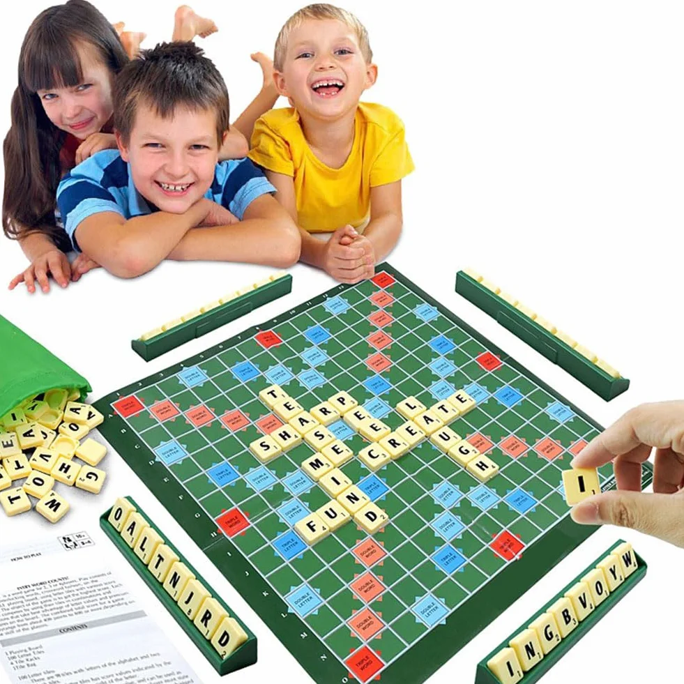 Jeu de Société Éducatif Mots Classique avec 100 Lettres Plateau 4 Chevalets Sac Apprentissage Orthographe Enfants 6 Ans+