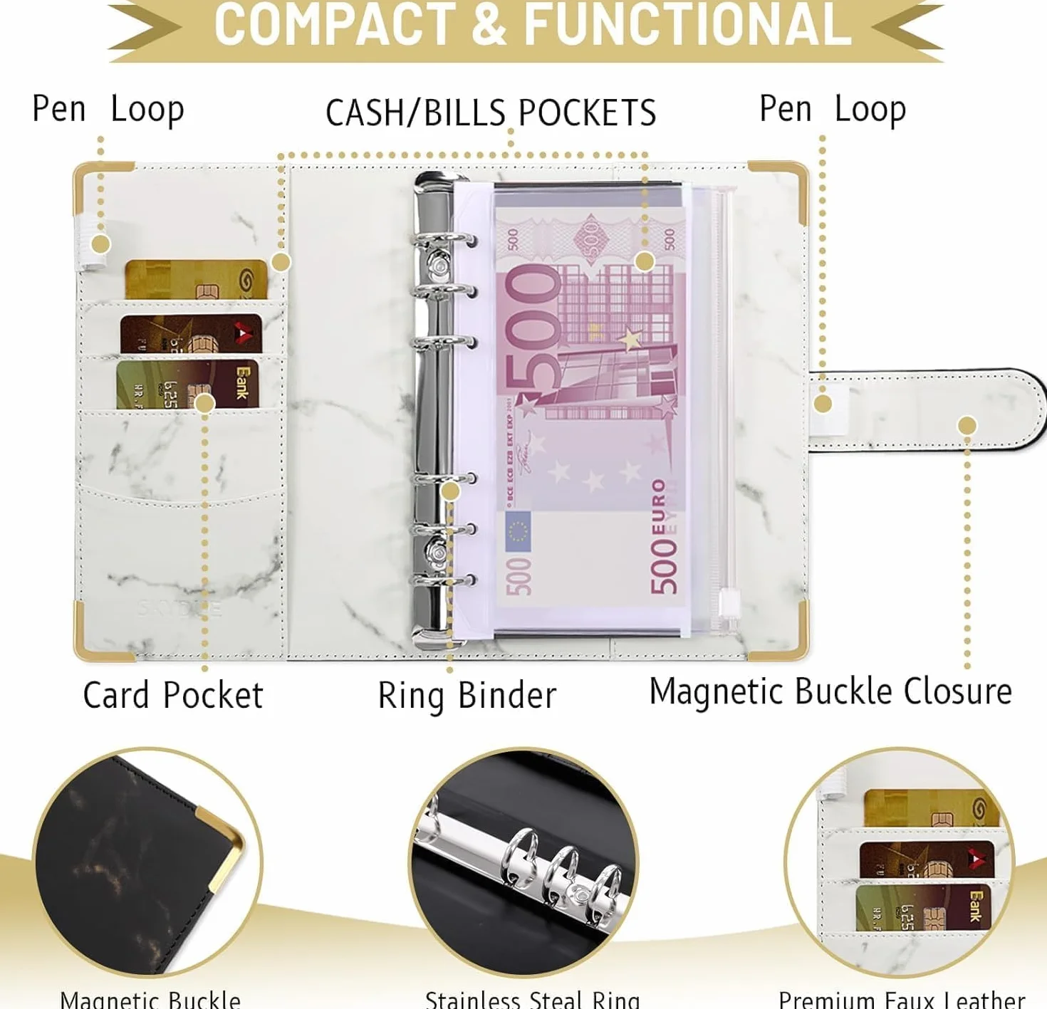 SKYDUEClasseur Budget A6, Enveloppe Budget, 12 Challenges Budgétisation, Pochette Budget Planner (Noir Marbré)