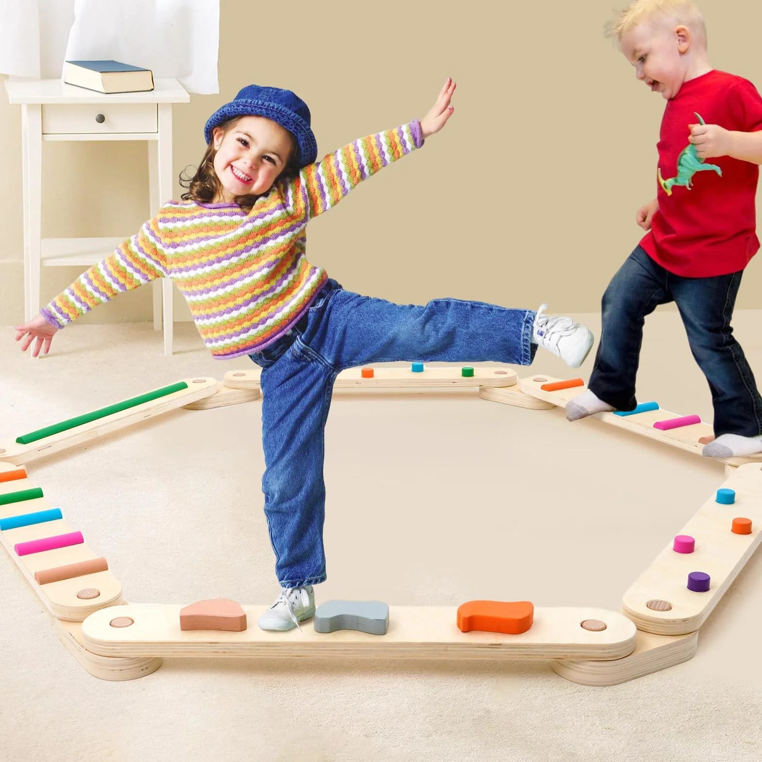 Poutre d'Équilibre en Bois pour Enfants Jouets Montessori Entraînement Intérieur Extérieur