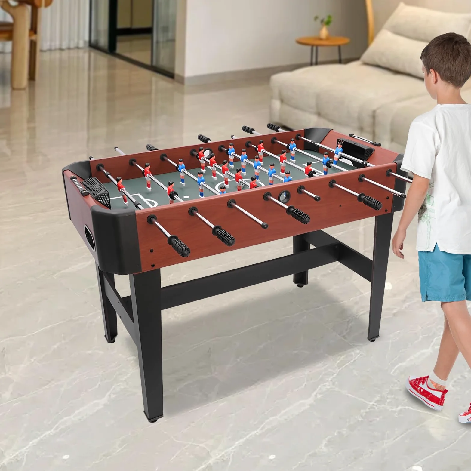 Baby-Foot 120cm sur Pied, Table de Football à 8 Barres pour 2 à 4 Joueurs | Jeu 1 contre 1 ou 2 contre 2, compteur 9 points, poignées antidérapantes et patins stables pour maison ou salle de jeux