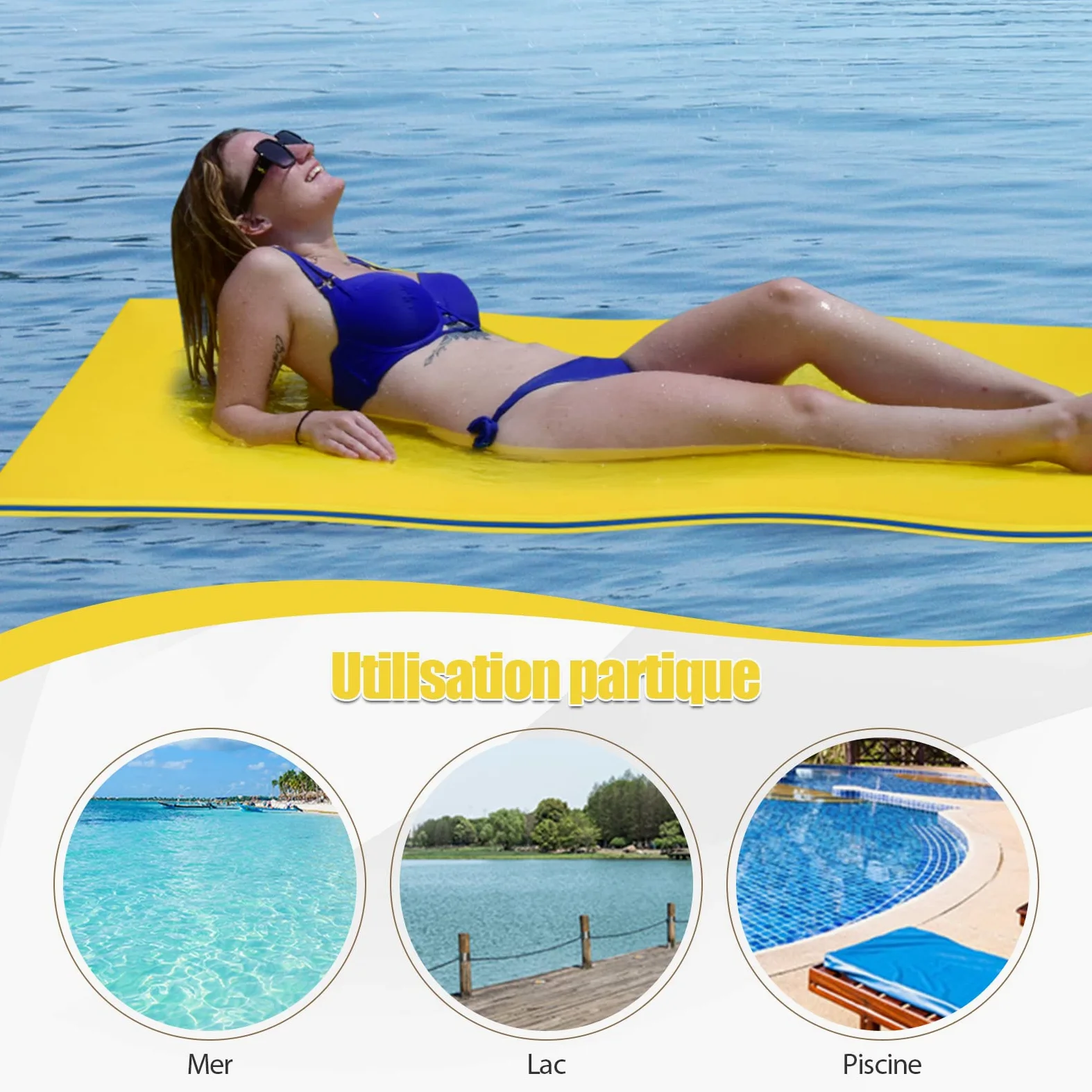 RELAX4LIFE Tapis Flottant Piscine en Mousse XPE 216x66cm pour Piscine Plage Lac, Hamac Flottant Piscine avec Oreiller Roulé pour Sports Nautiques, Bronzage d’Eté, Charge 60kg(Jaune)