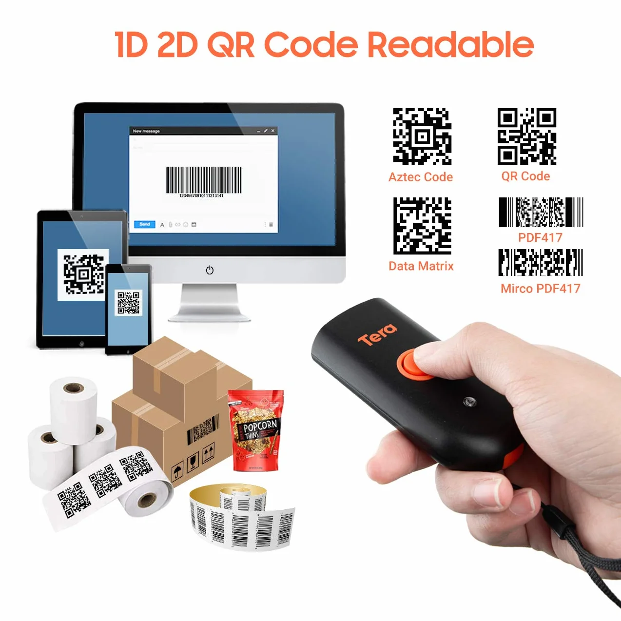 Tera Mini Bluetooth 5.0 Bezprzewodowy Czytnik Kodów Kreskowych 1D 2D 3-en-1 USB Scanner QR Kodów Smartphone iOS Android Windows