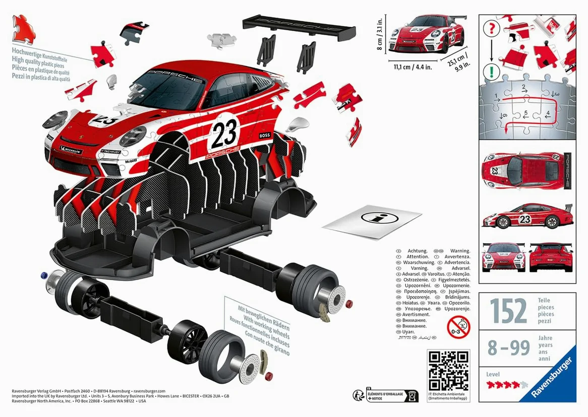 Ravensburger Puzzle 3D véhicules – Porsche 911 GT3 Cup Salzburg avec Grille de Construction – dès 10 Ans – 108 pièces numérotées à Assembler sans Colle – Accessoire de Finition Inclus – 11558