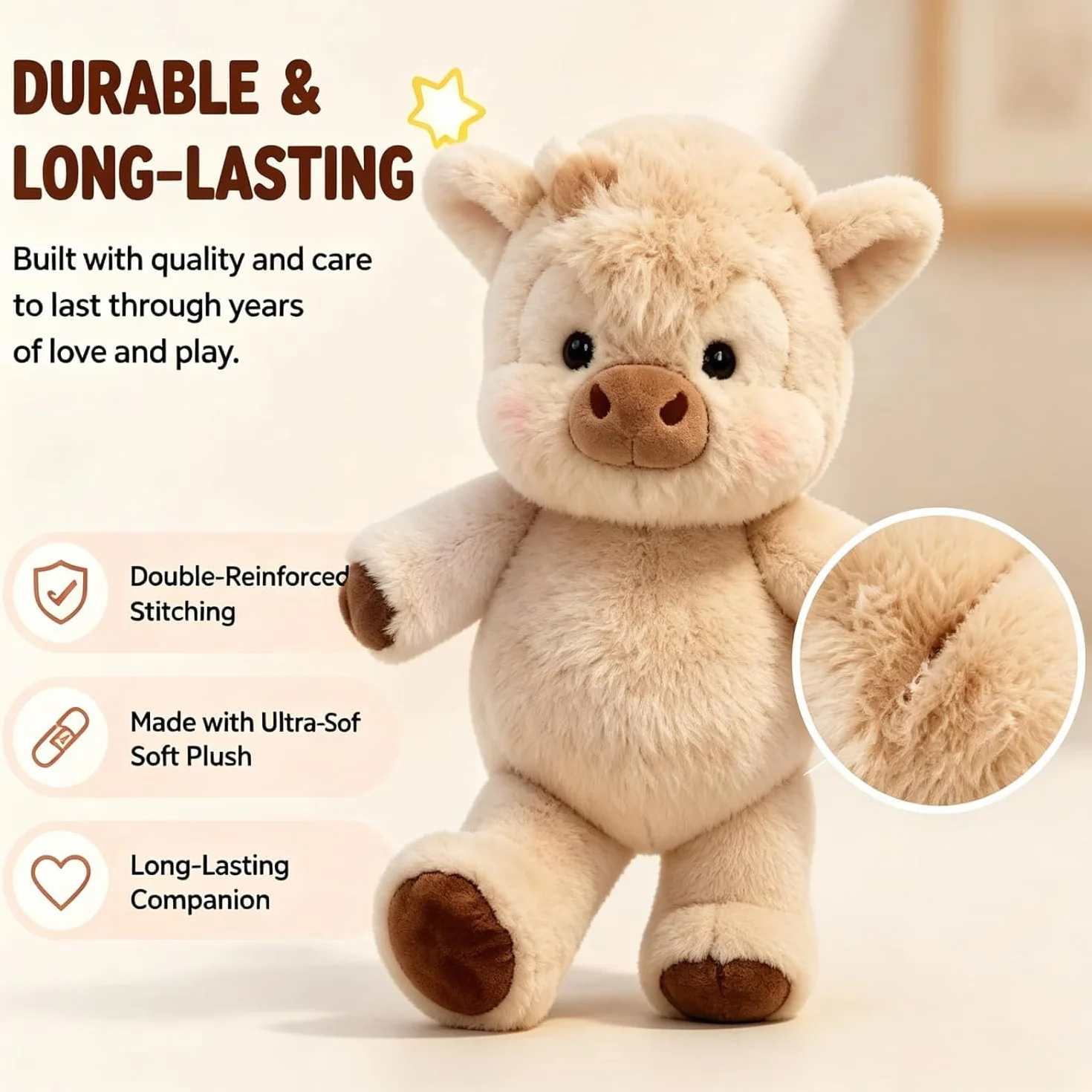 Peluche Vache Qui Court 45cm – Peluche Veau Doux, Cadeau Anniversaire Enfants Filles Garçons Adultes, Décoration Câlin