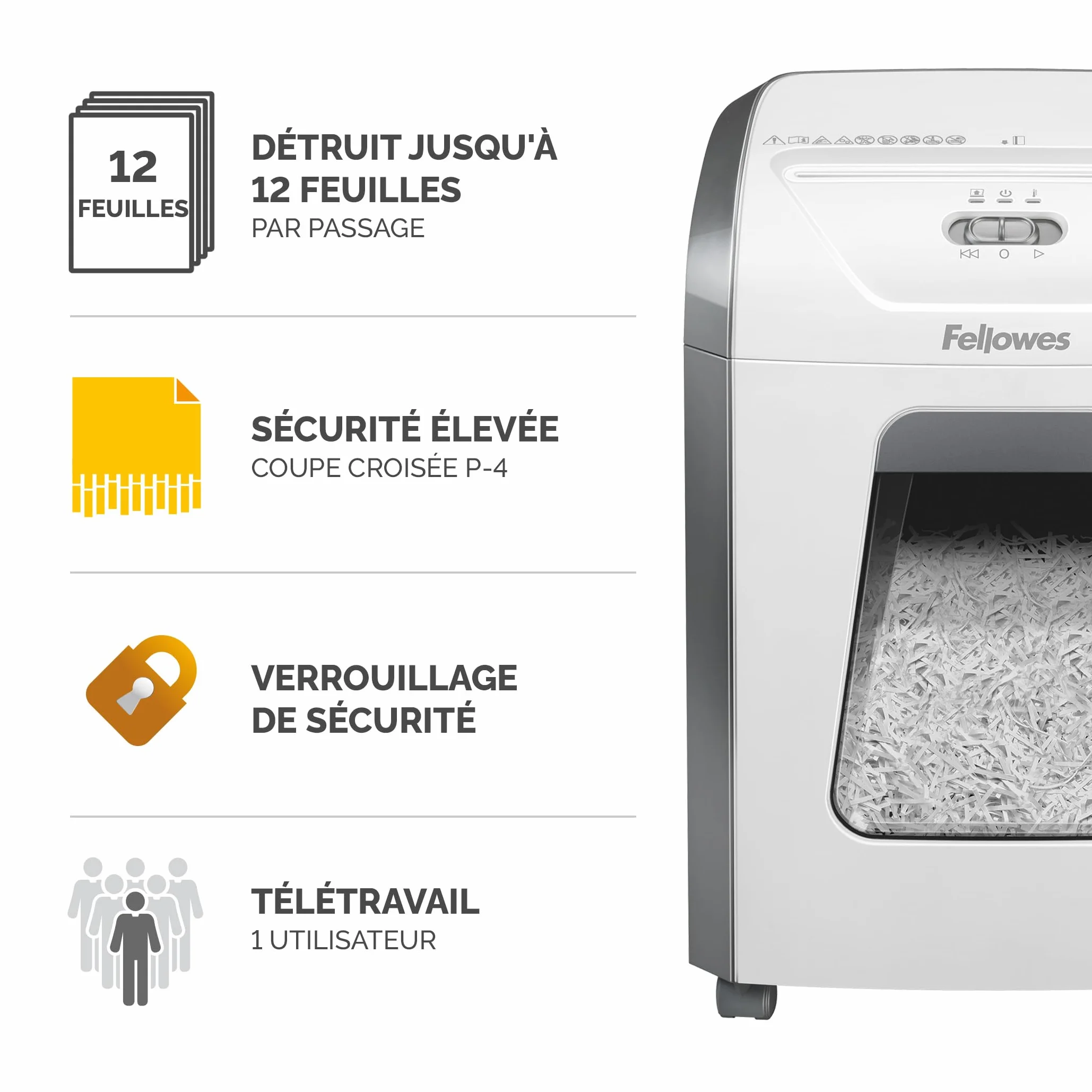 Fellowes Powershred FS-12C Destructeur de Documents Coupe Croisée 12 Feuilles Corbeille 19L Sécurité DIN P4