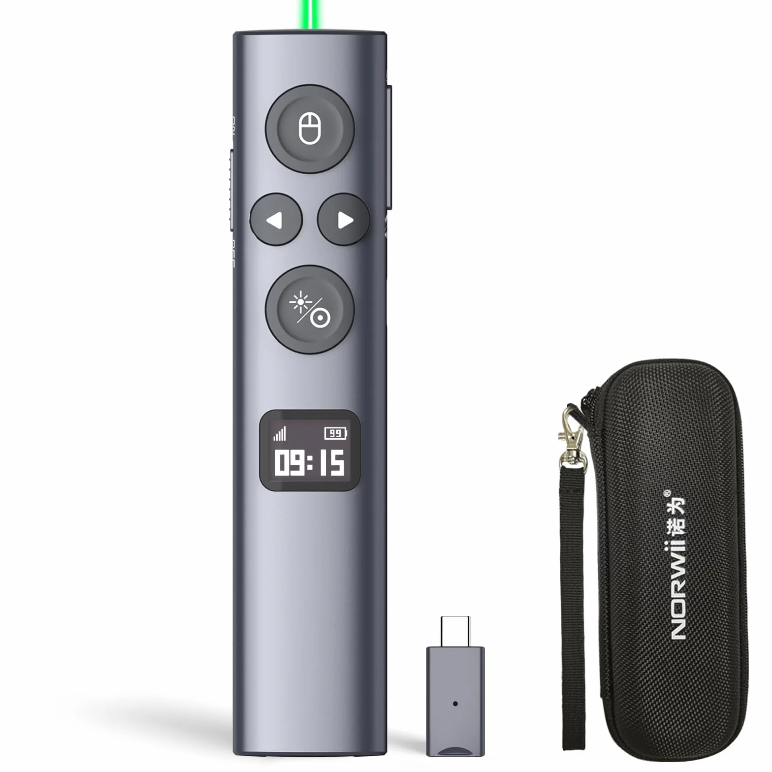 Norwii N95s BLE Prezentacyjny Kliker z Cyfrowym Wskaźnikiem do Prezentacji PowerPoint na Ekranie TV/Projekcji, Bezprzewodowy Pilot z Odliczaniem (Zielony - USB-C)