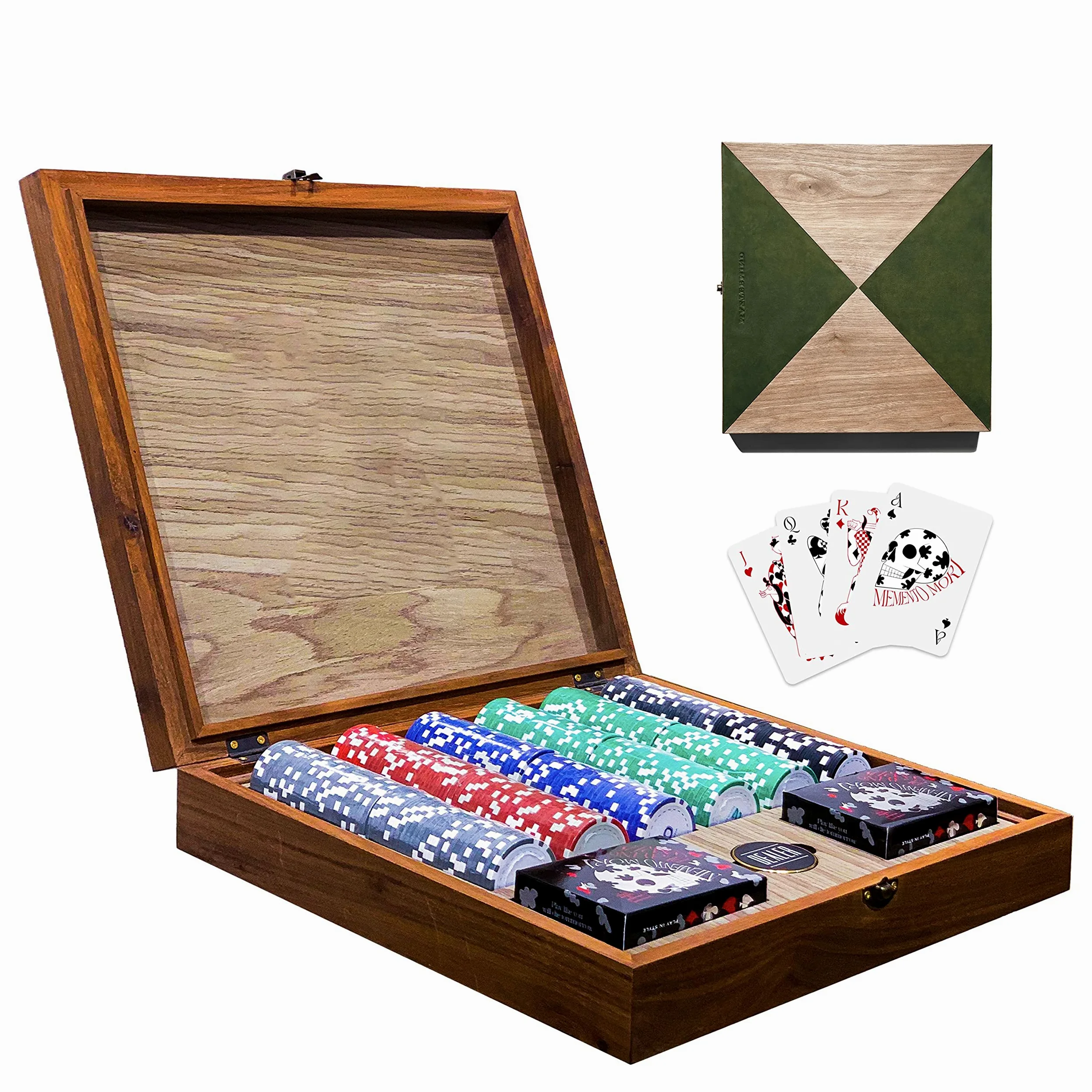 BOWTIE Ensemble de poker en bois avec cartes à jouer, 300 jetons de poker lestés professionnels avec étui en bois de noyer, cadeau unique pour Texas Hold'em, Blackjack, jeux de casino, Memento Mori
