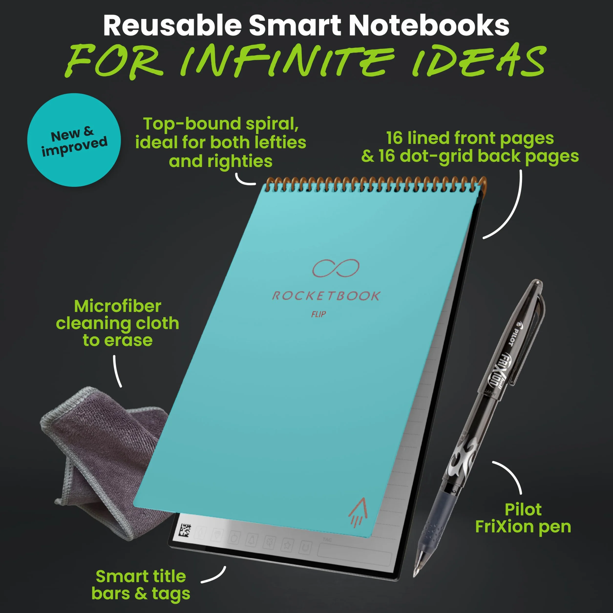 Rocketbook Flip Carnet intelligent réutilisable format lettre 21,6 x 27,9 cm bleu sarcelle
