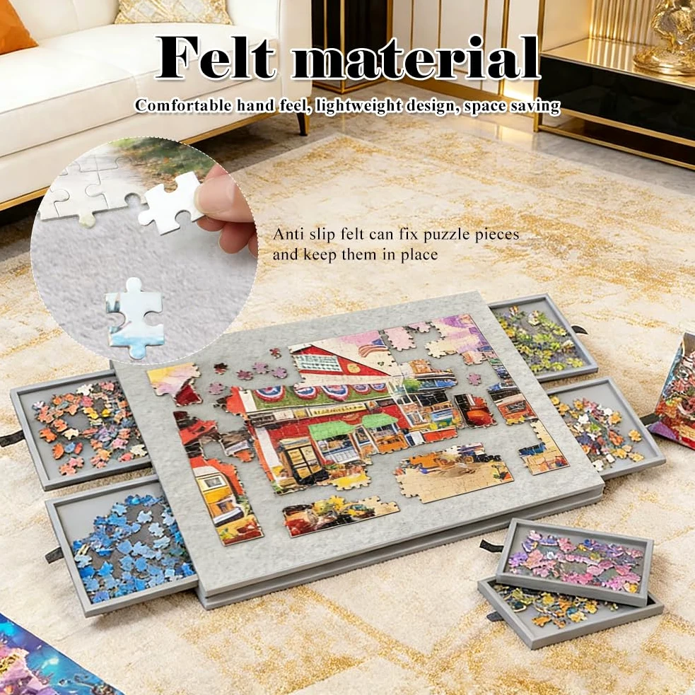 Table de puzzle inclinable pour 1000 pièces, en feutre léger avec 6 tiroirs de tri, portable, avec support et couvercle réglables, gris argenté