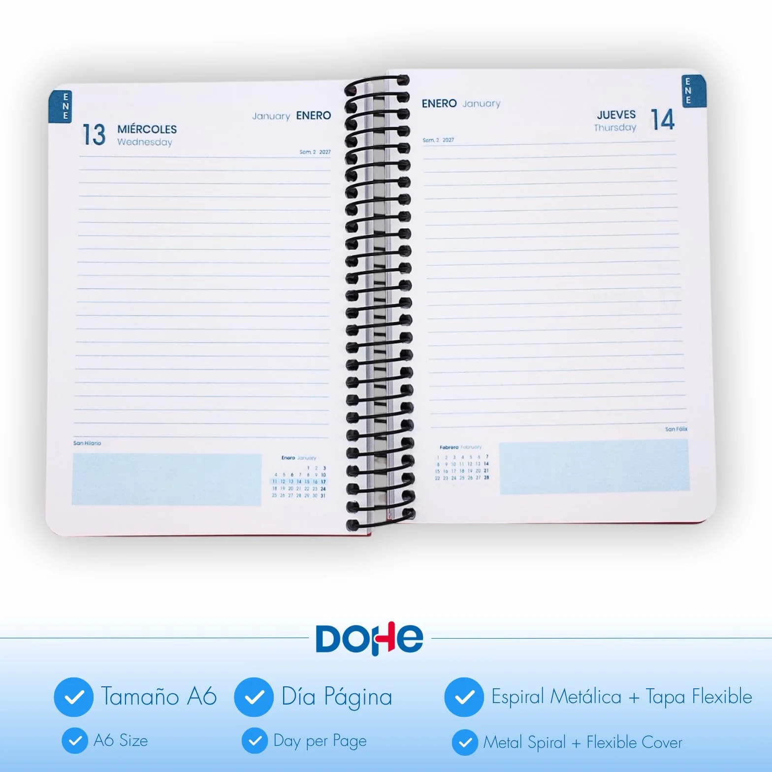 Agenda Scolaire 2026 2027 A6 12x17 cm Couverture Flexible Plastique Rigide Reliure Spirale Espagnol Anglais Noir