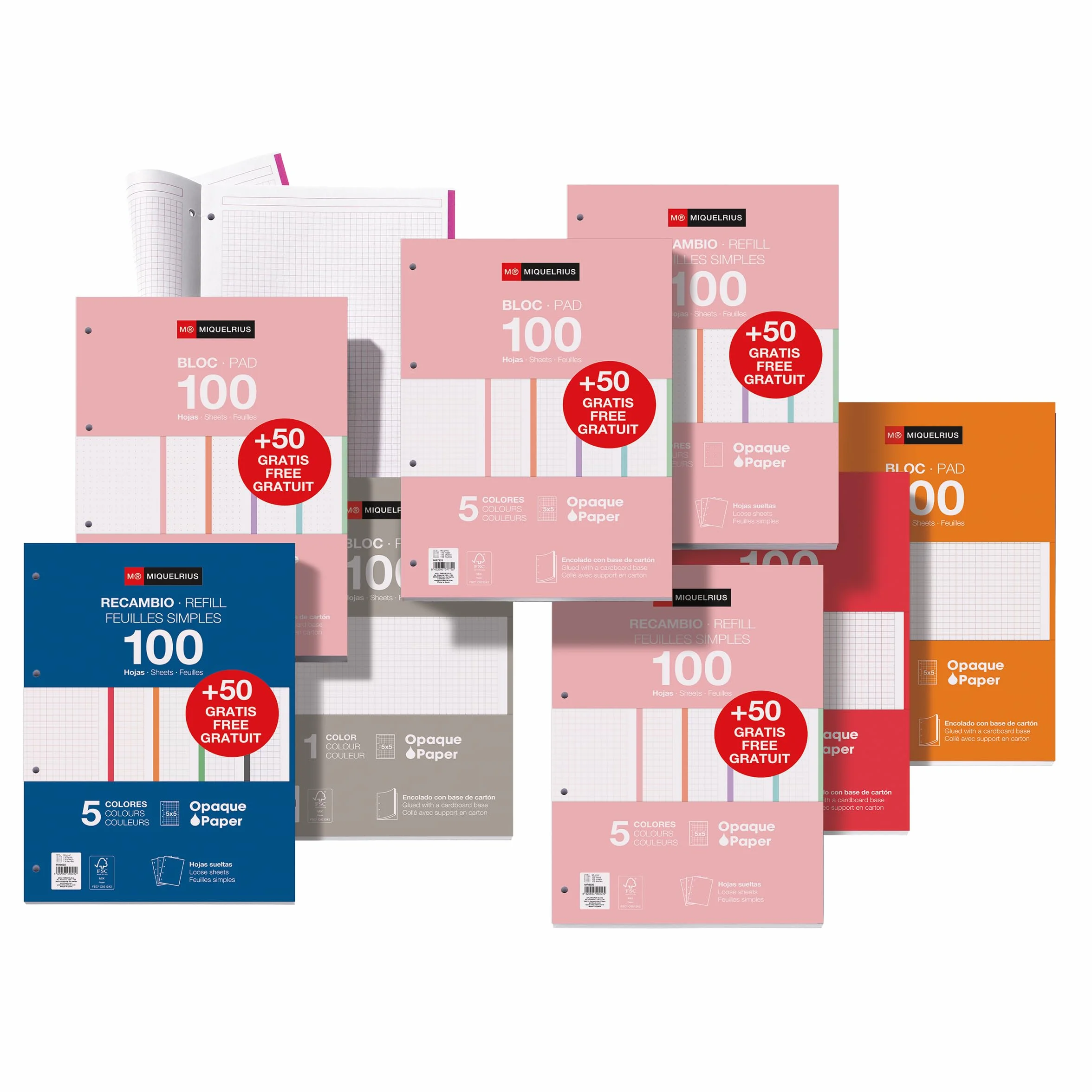 Miquelrius Recharge de feuilles A4 quadrillées 5x5 mm, 150 feuilles 90 g/m², 5 couleurs pastel, Perforation standard