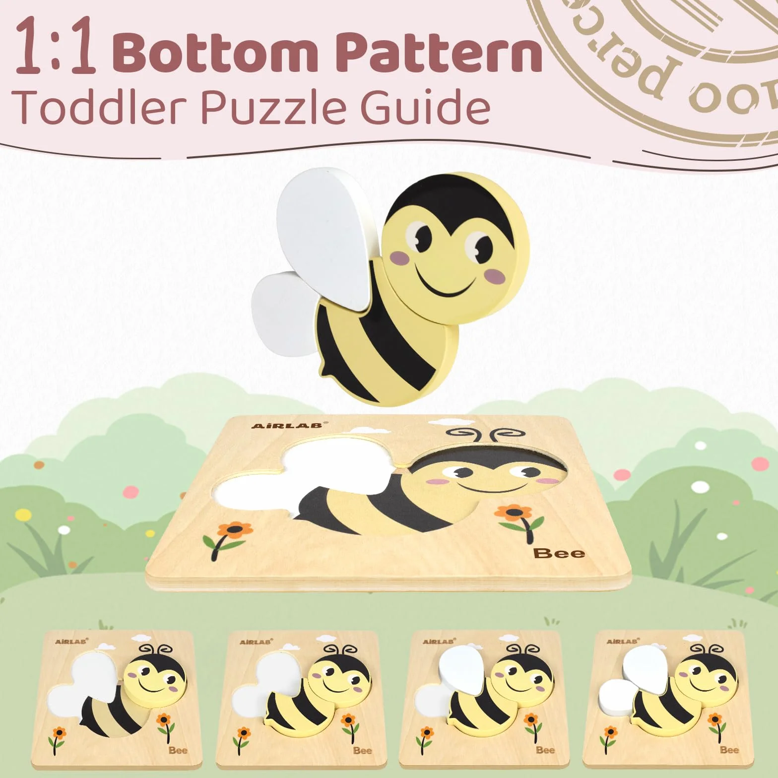 Airlab Puzzles Bois Bébé 1-4 Ans, Casse-têtes Jardin 3D avec Cadre et Sac, Jouet Éducatif Montessori