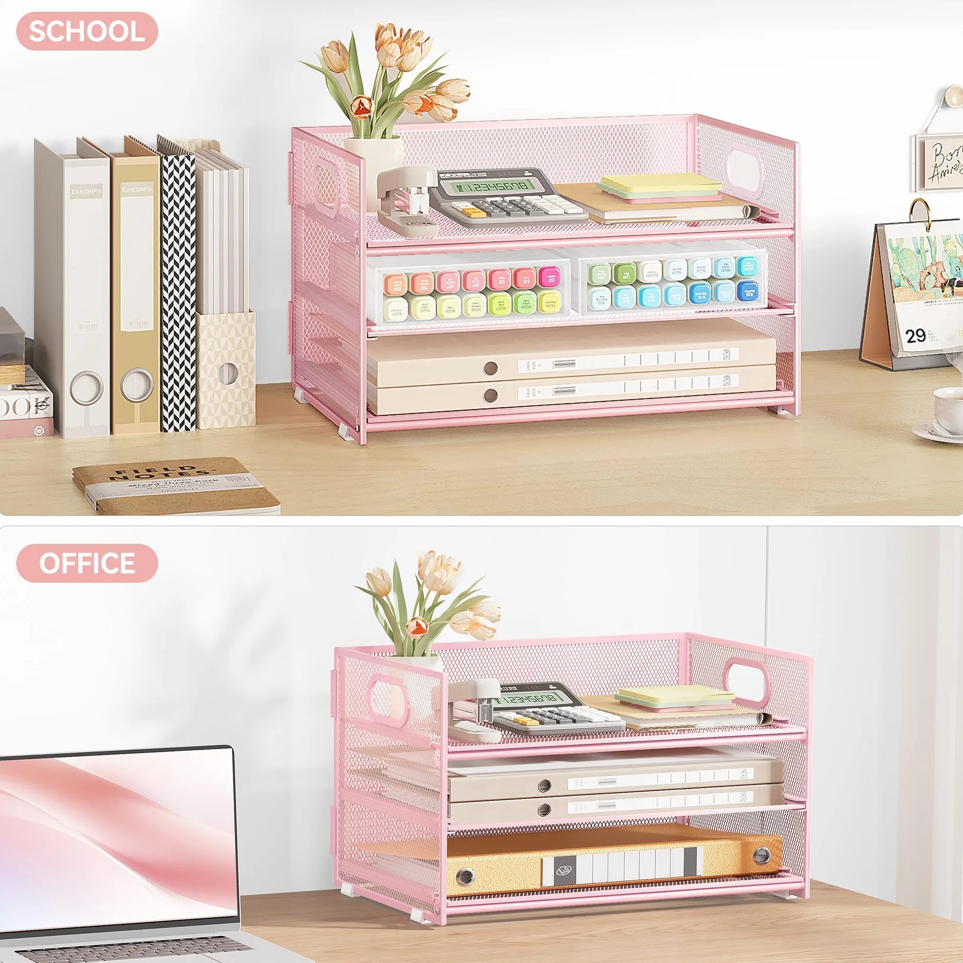 VITVITI Organiseur de Bureau 3 Étages avec Poignée, Pochette A4, Rangement Treillis Métallique Rose