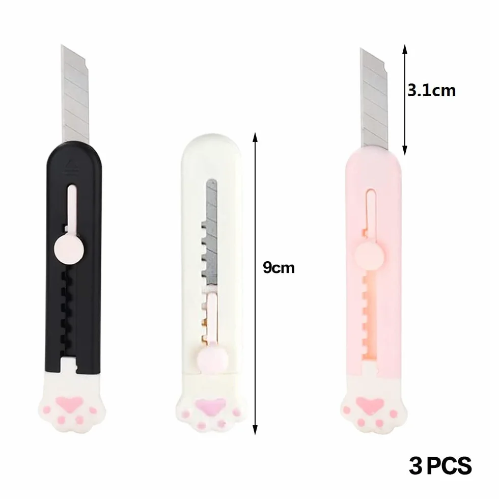 Mini Cutter Rétractable Patte de Chat, Couteau Utilitaire Ouvre-Lettre Coupe-Boîte pour Carton Papier, 3 Couleurs