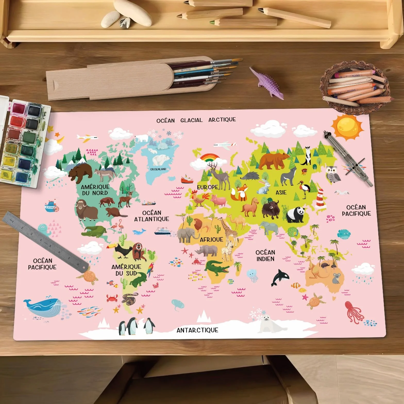 Carte du Monde Animaux Rose Français Sous-main Enfant 40x60cm Tapis Bureau Imperméable Cuir PU Double Face Effaçable