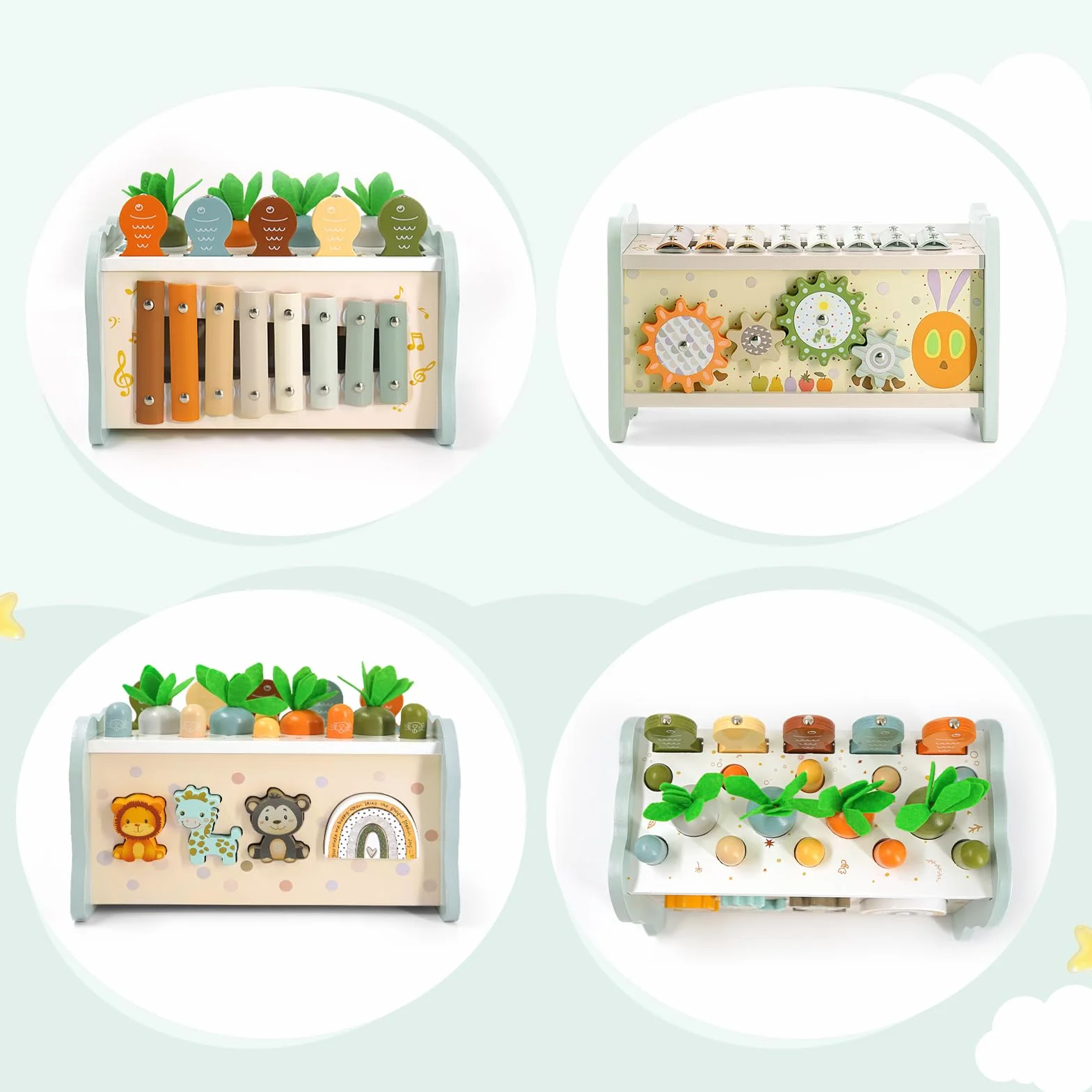 Jouet Montessori 1 an 6 en 1 Bois Bebe avec Xylophone, Jeu de Taupe, Pêche, Engrenage, Cadeau Anniversaire Noël 1 2 3 Ans Garcon Fille