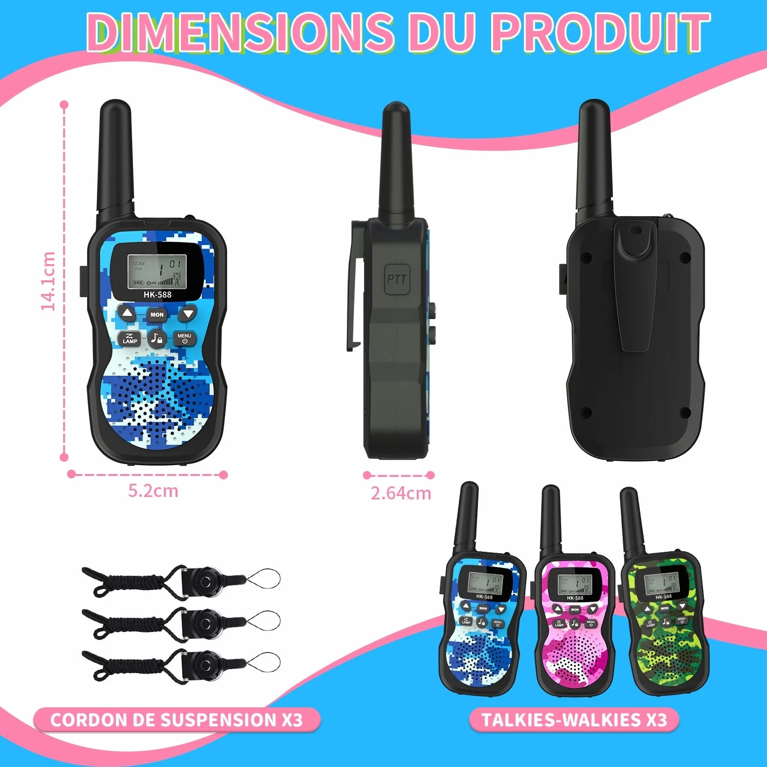 Walkie-Talkies pour Enfants Rechargeables 8 Canaux Autonomie 48h Torche Portée 3KM Camping Jeux