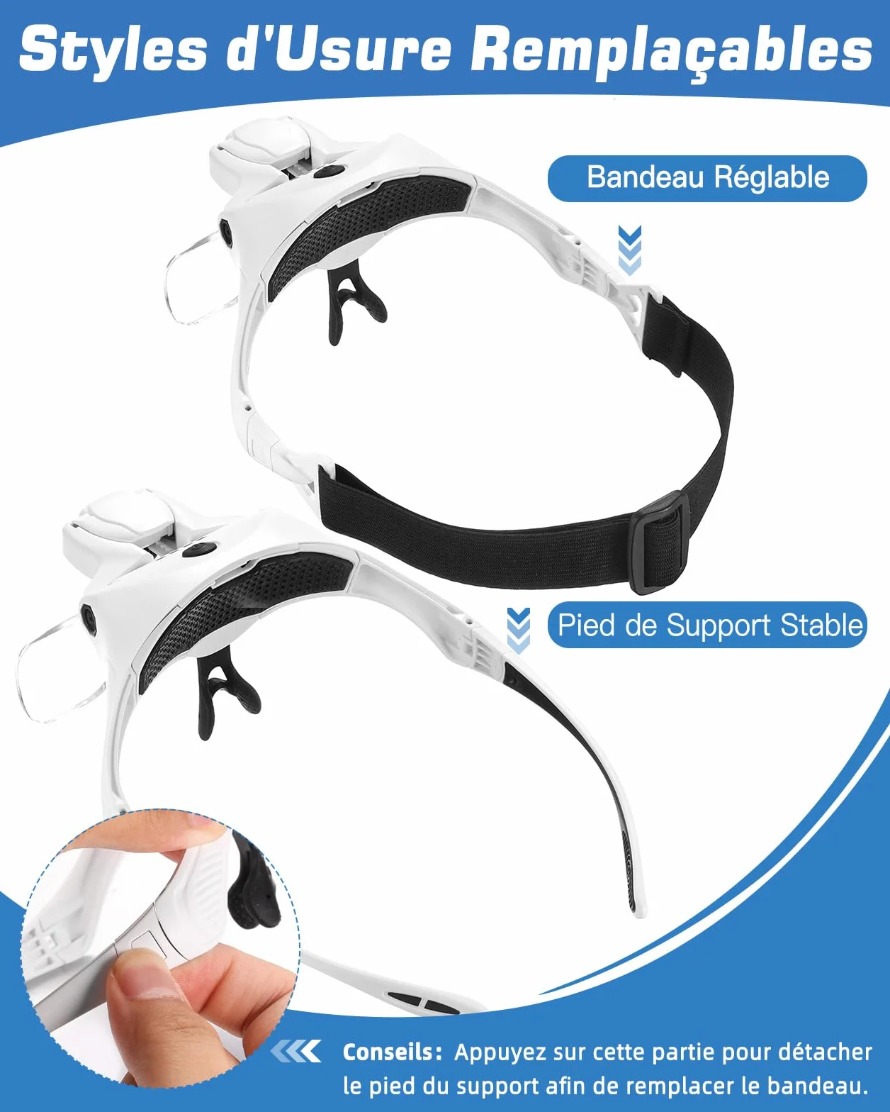 Anpro Lunette Loupe USB Rechargeable LED 4 Lumières Luminosité Réglable 5 Lentilles Détachables 1X-3.5X