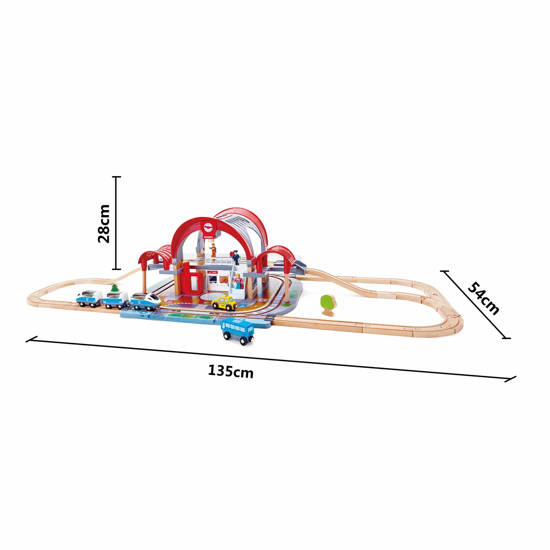 Jouet Hape Grande Gare Urbaine pour Circuit Train Bois - 45 Pièces - Compatible Circuits Traditionnels