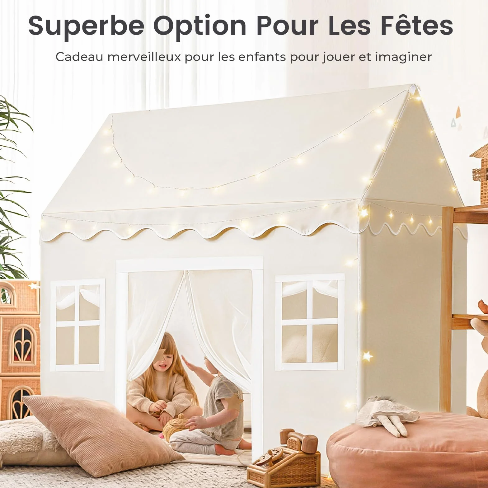 Tiny Land Tente de Jeu pour Enfants avec Tapis et Lumières de Chaîne 4m, Cabane Enfant Intérieur Extérieur, Château Princesse 133x90x136 cm