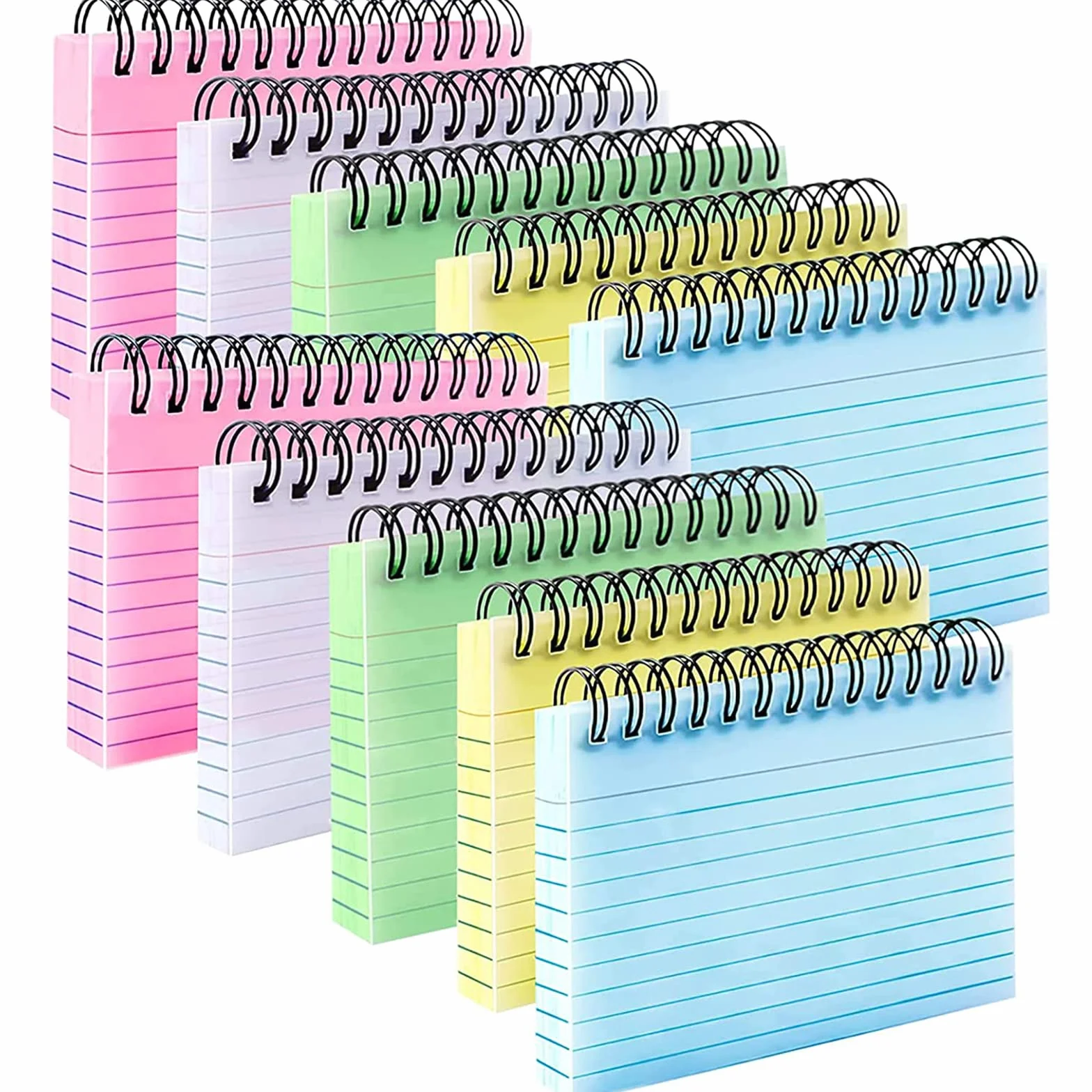 PALUDO 500 Feuilles Fiches Bristol Couleur, 10 Paquets 5 Couleurs Cartes Index Lignées 125 x 75 mm Spirale Flashcards