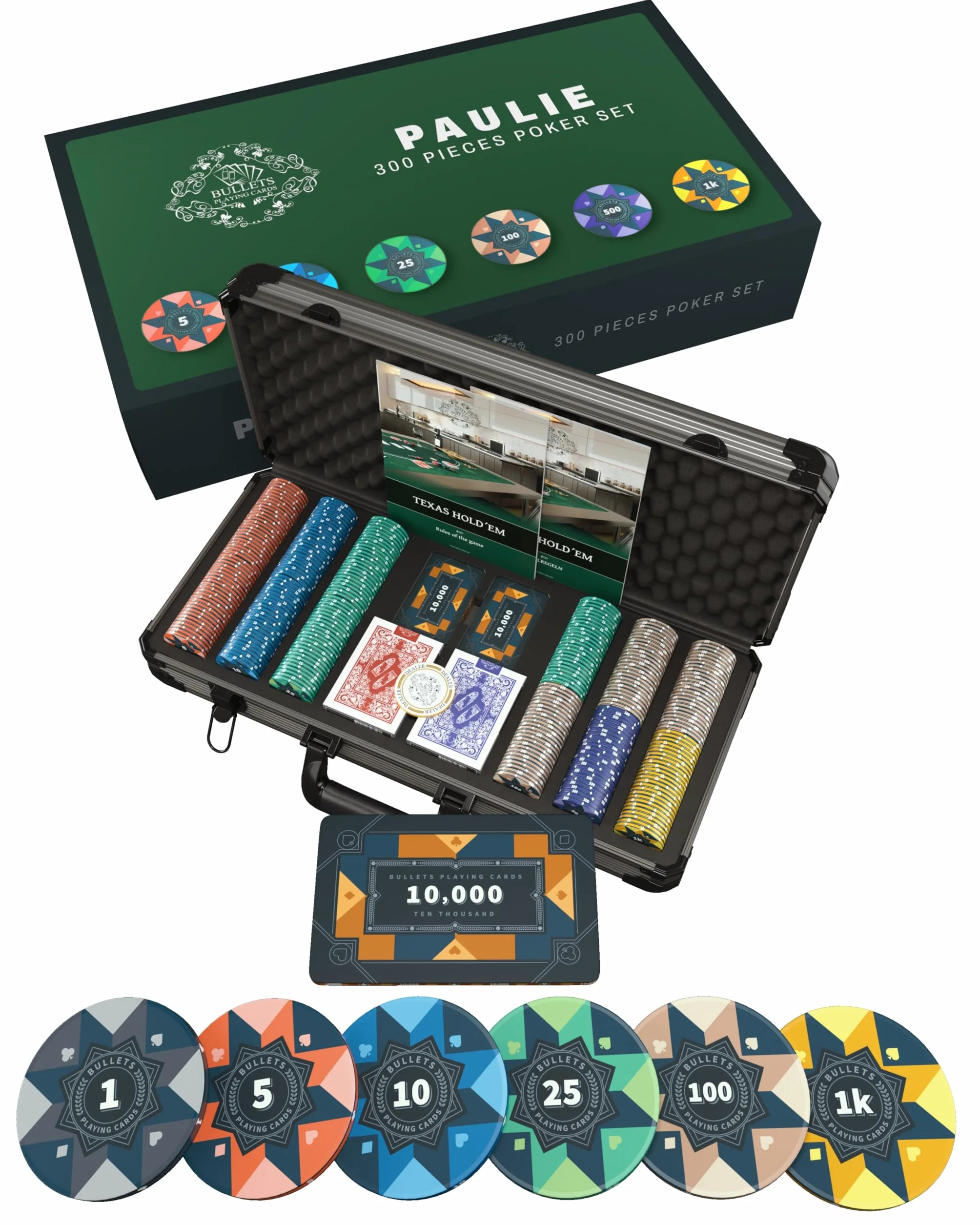 Bullets Playing Cards | Mallette de Poker 300 Jetons Céramique – Coffret Complet avec Cartes, dés et Bouton Dealer ─ Design Paulie