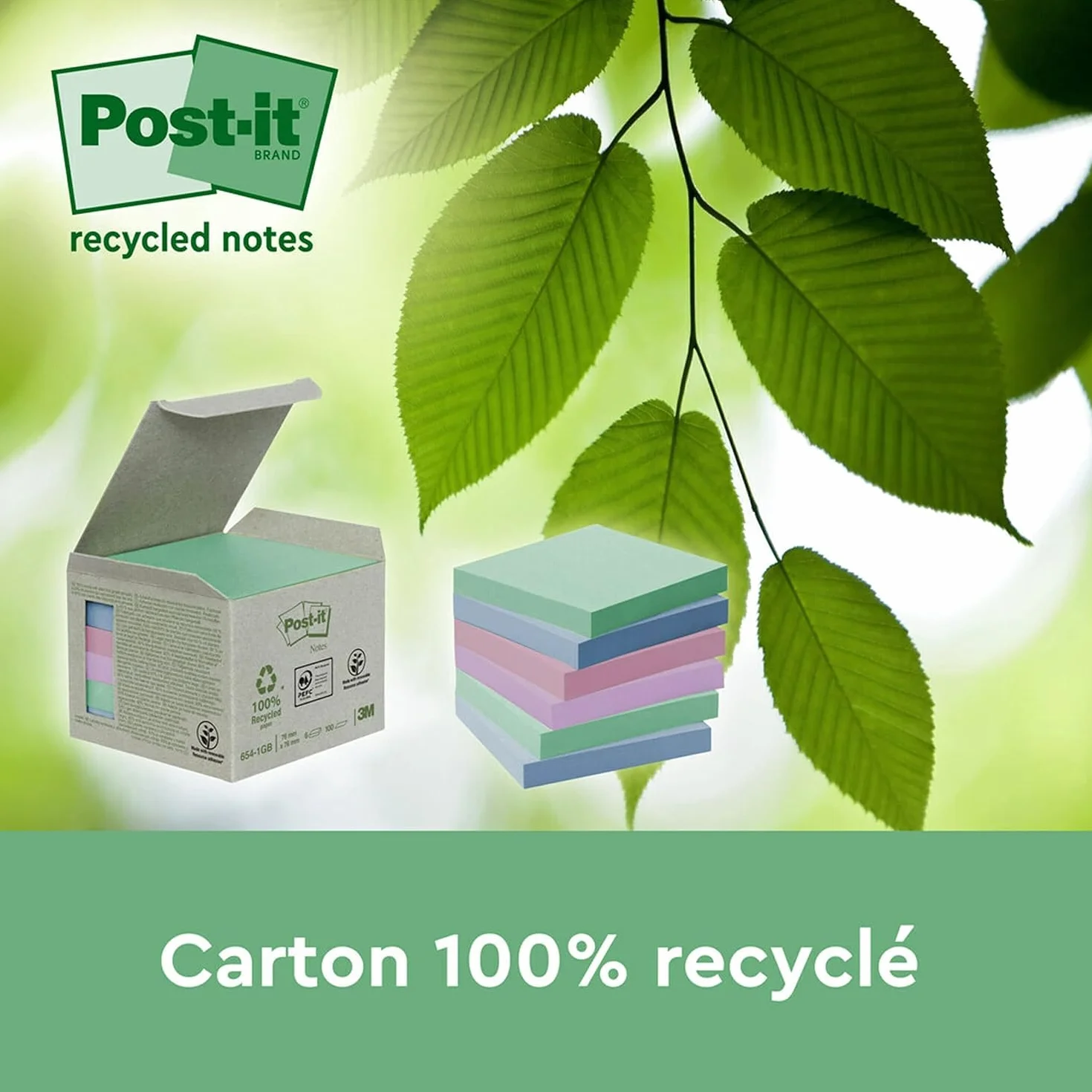 Post-it Notes Autocollantes Super Sticky Recyclés 12 Blocs 70 Feuilles 47.6 mm x 47.6 mm Papier 100% Recyclé