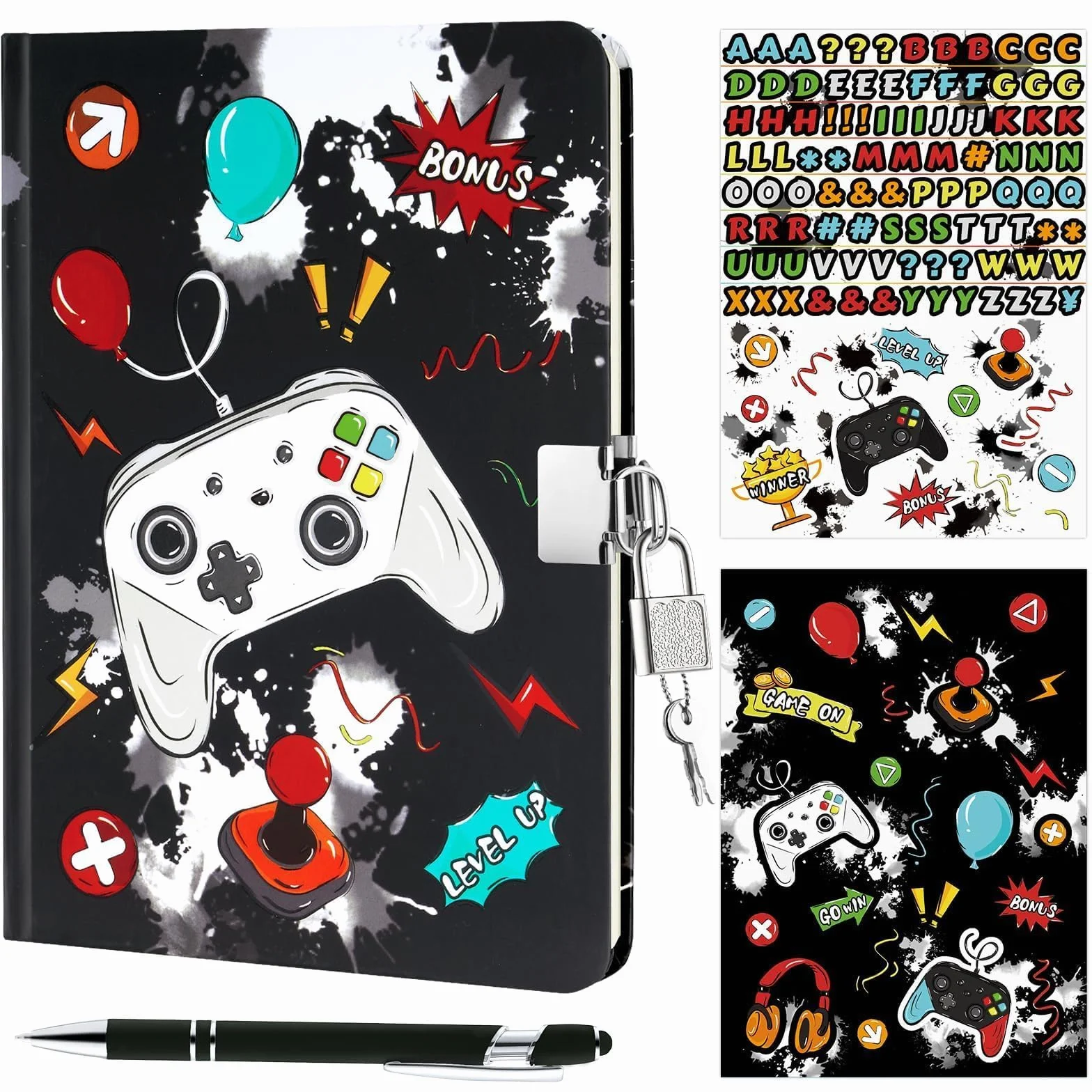 WERNNSAI Kit journal de jeu garçons - Journal lumineux enfants cadenas clés stylo autocollants carnet écriture ligné A5 jeux vidéo