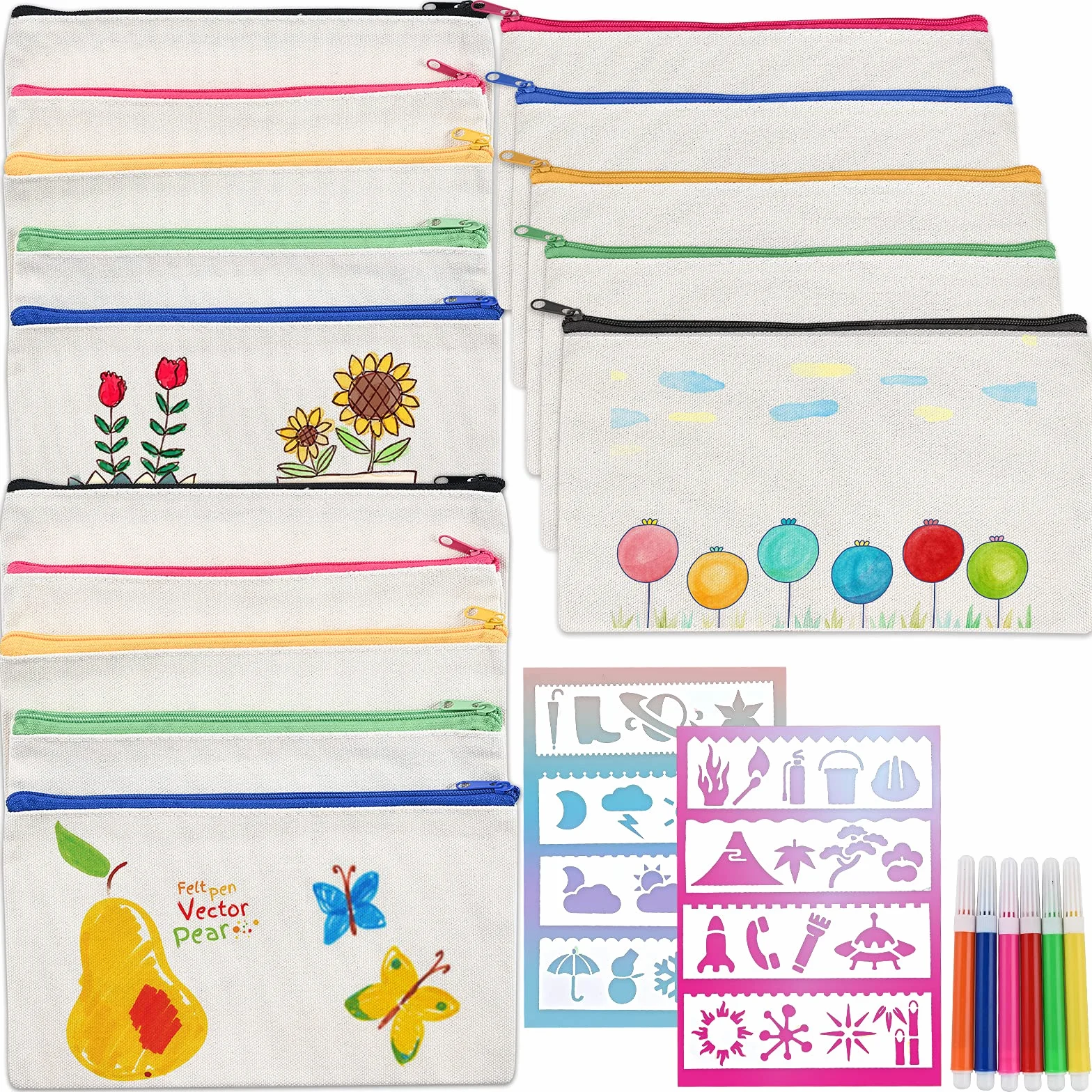 Cieex Trousse à Décorer 15 Pièces Pochette Tissu Zippée Personnalisable