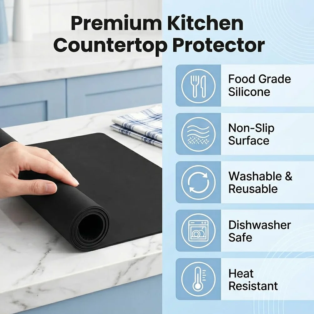 Tapis Silicone Noir 40x30 cm Protection Plan de Travail Cuisine Antiderapant Résistant Chaleur Eau