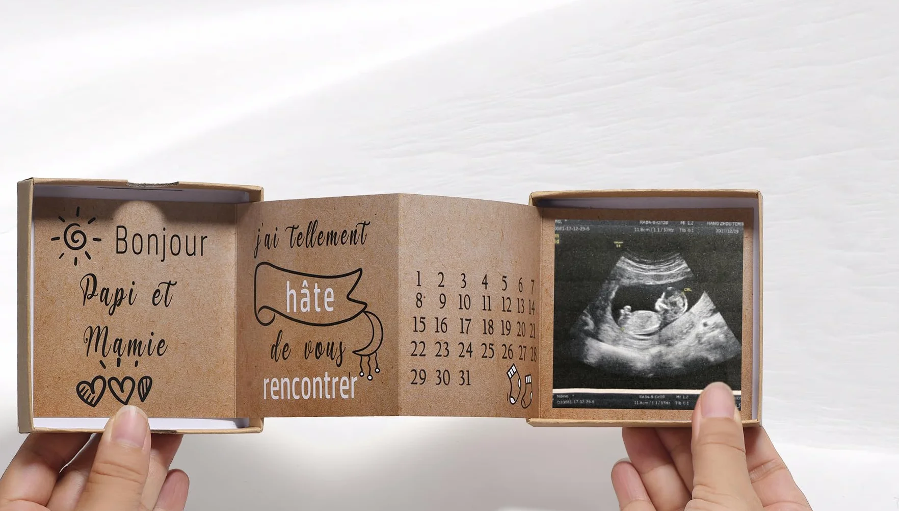 Carte Dépliante Surprise Annonce Grossesse Future Grand-Parents avec Photo Échographie Calendrier Naissance