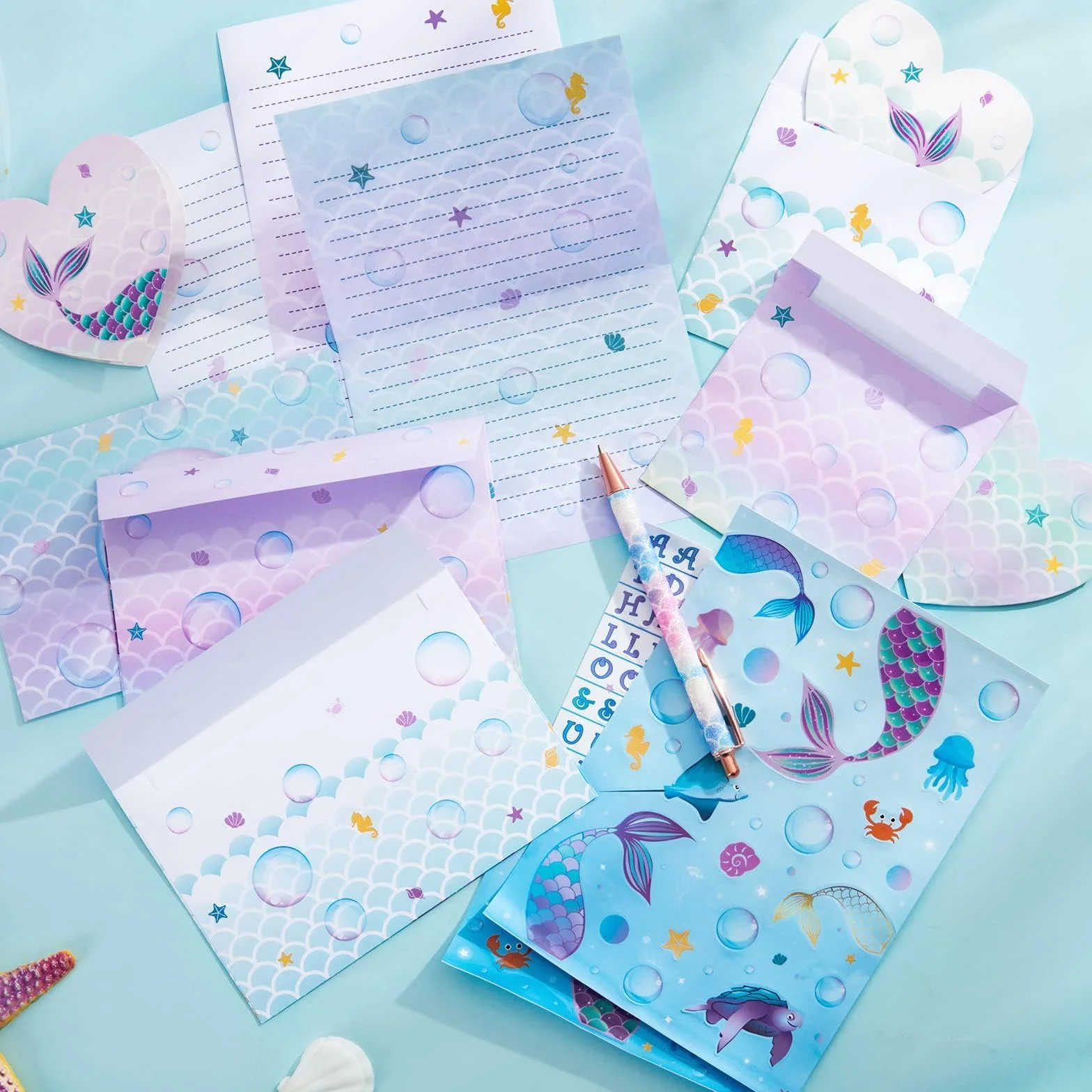 WERNNSAI Sirène Papier de Papeterie 71 PCS Enveloppes Cartes Autocollants Boite Cadeau