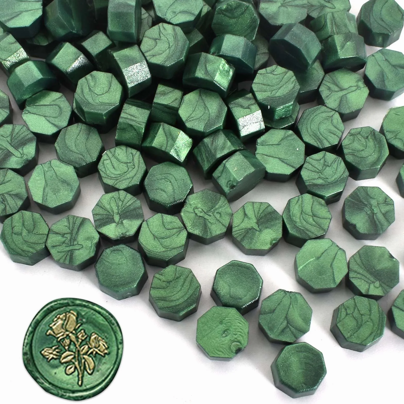 Perles de cire à cacheter octogonales vert métallisé Lot de 100 pour cachets lettres enveloppes décoration
