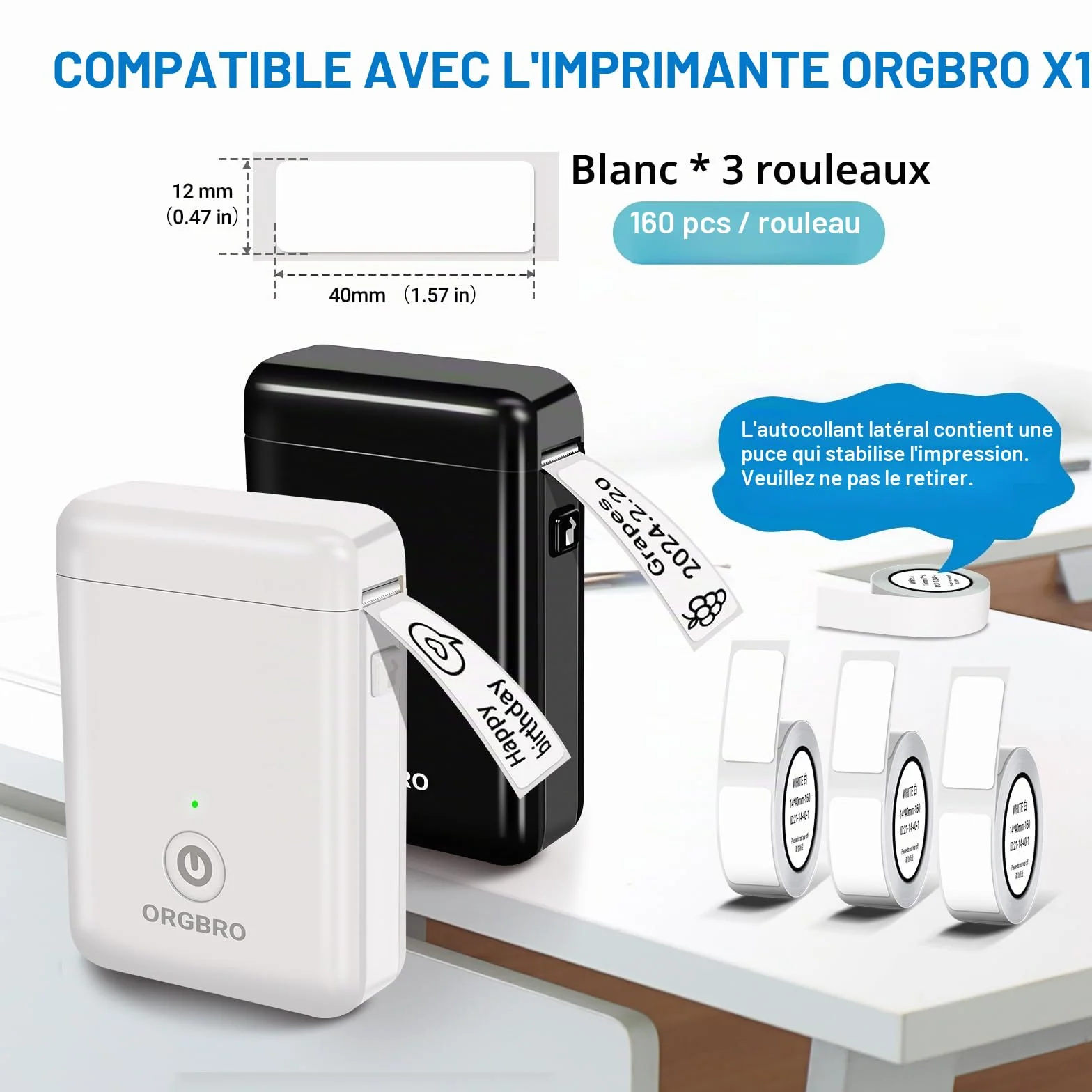 Papier Imprimante Thermique Autocollant 12×40mm 3 Rouleaux Blanc Fourniture Bureau