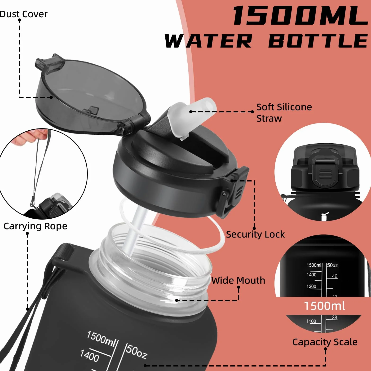 Gourde Sport 1.5L Anti-Fuite avec Paille et Marqueur de Temps, Bouteille Réutilisable pour Running Escalade