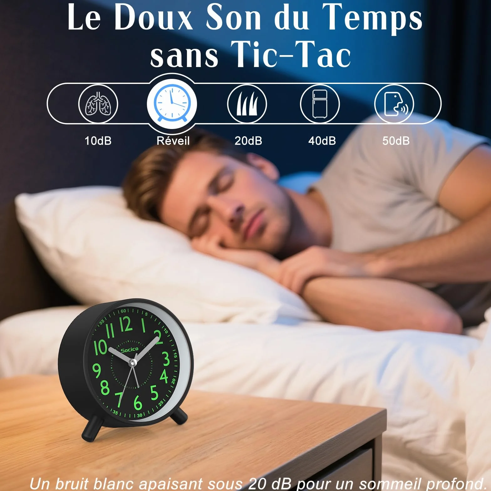 SOCICO Réveil Analogique Horloge de Chevet Rétro Ronde Métal Piles Veilleuse Fonction Snooze Noir