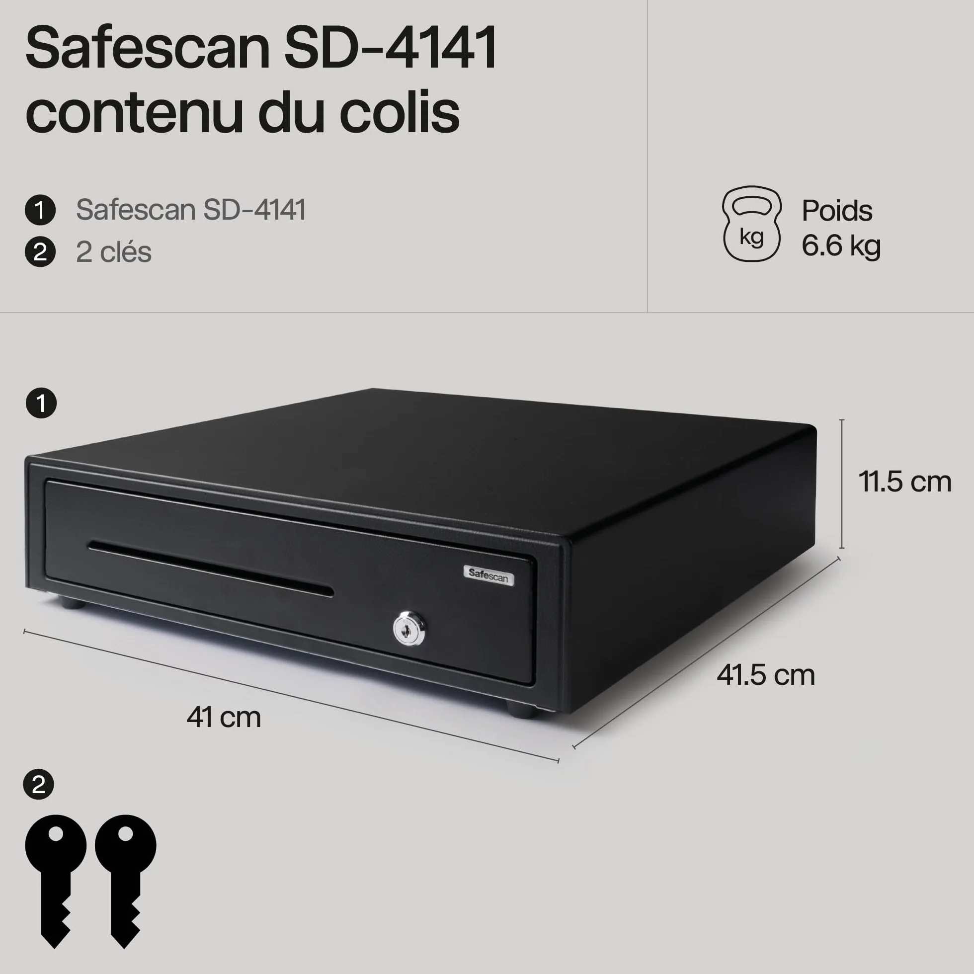 Safescan SD-4141 tiroir-caisse 4 emplacements billets 8 emplacements pièces RJ-12 41 x 41.5 x 11.5 cm