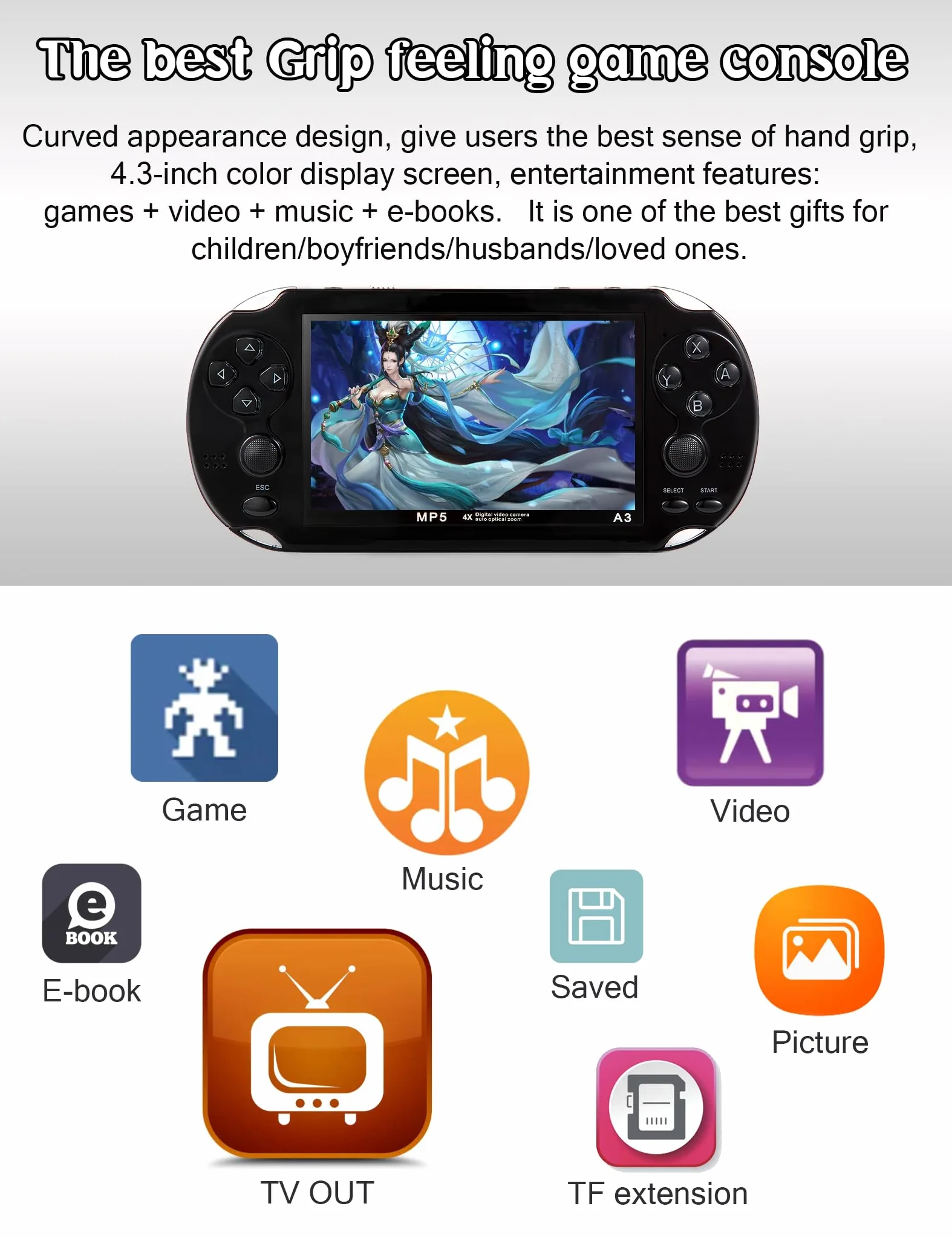 CZT Console de Jeux vidéo 4,3 Po 8 Go intégrée à 2300 Jeux gratuits pour Plusieurs simulateurs Console de Jeu Portable Vidéo/Musique Ebook Sortie TV Le Jeu Peut être archivé Cadeaux de Noël(Noir)