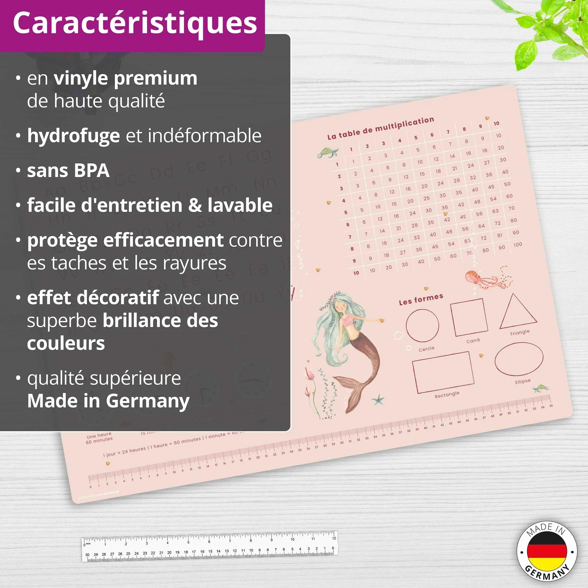 Sous-main pour bureau enfants tapis d'apprentissage français sirène ABC 60 x 40 cm vinyle essuyable Allemagne
