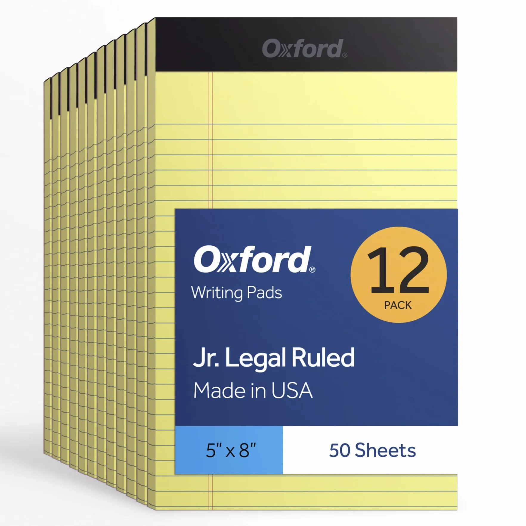 Oxford Lot de 12 blocs légaux 5 x 8, papier jaune à lignes étroites, 50 feuilles