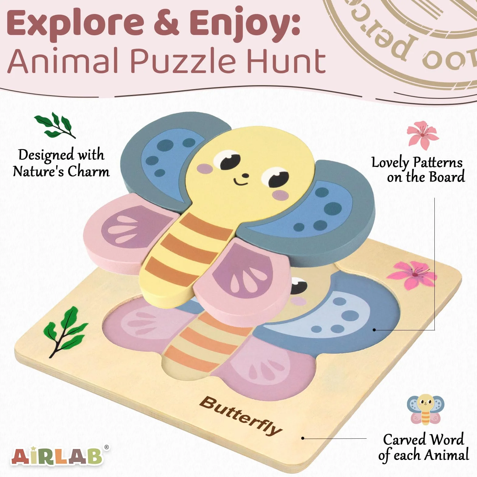 Airlab Puzzles Bois Bébé 1-4 Ans, Casse-têtes Jardin 3D avec Cadre et Sac, Jouet Éducatif Montessori