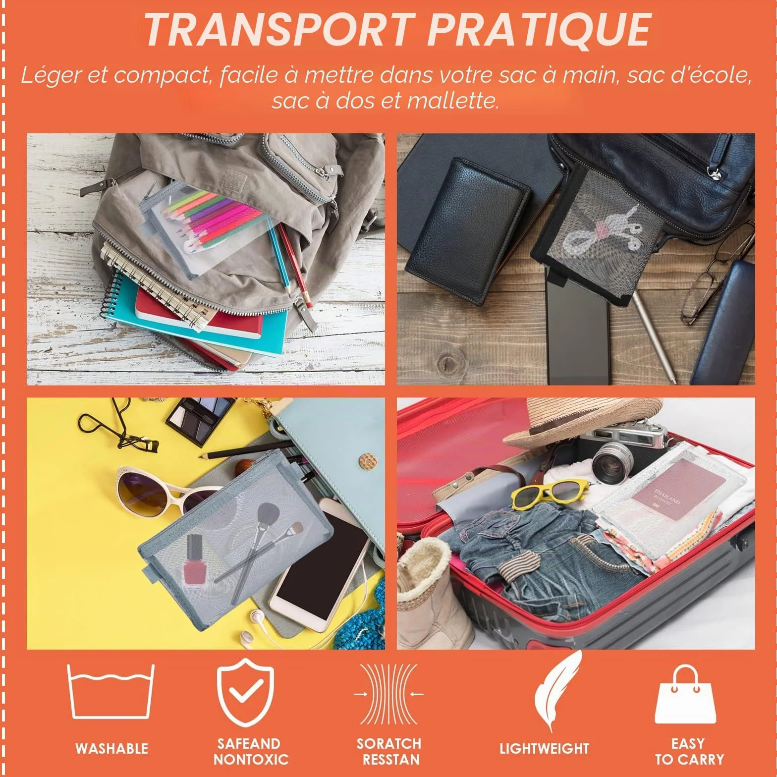 Trousse à Crayons Transparente Lot de 3 Nylon Pochette Zippée Maquillage Fournitures Scolaires Bureau Noir Blanc Gris
