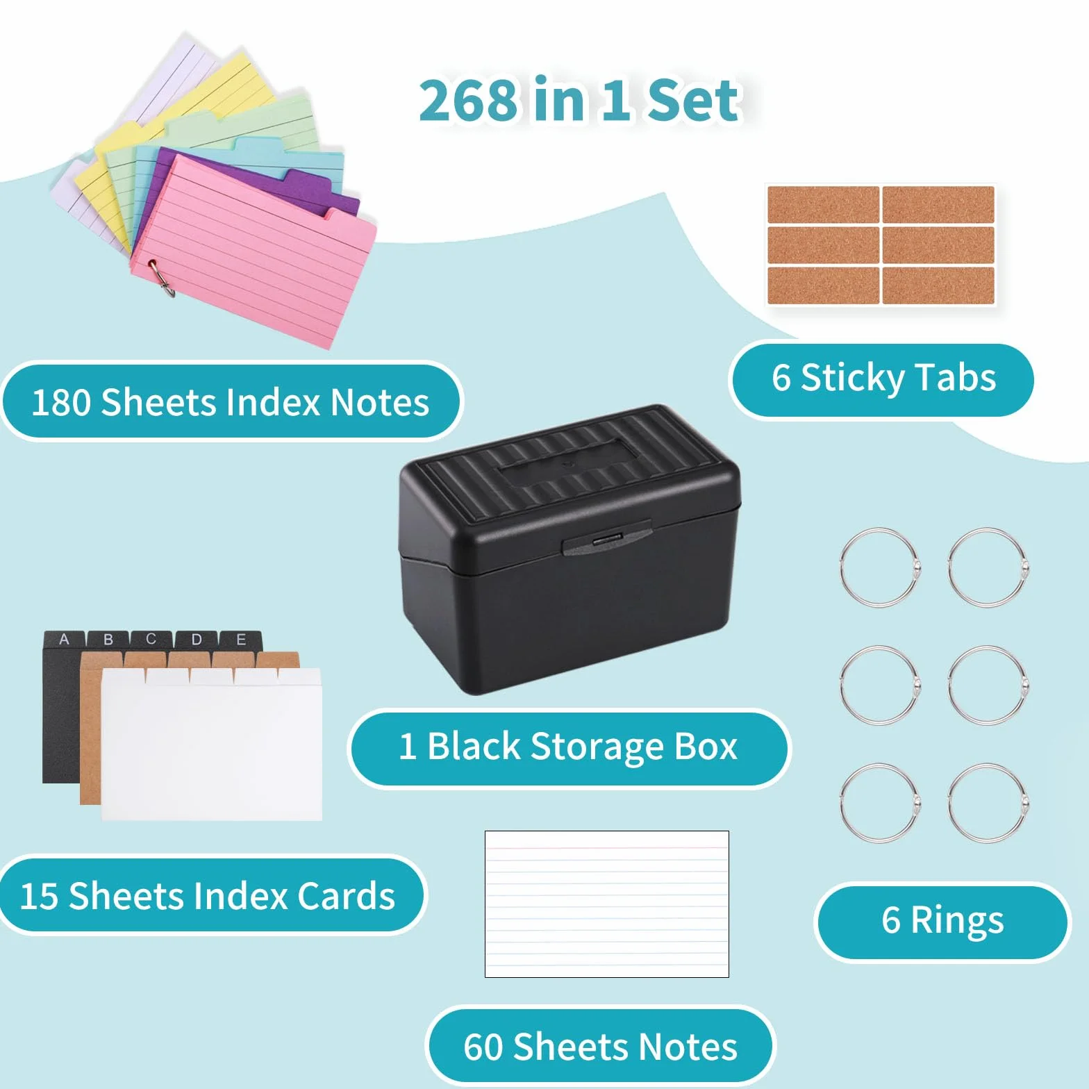 JIANTA Boîte d'index Fiche Bristol Couleur Lignées avec 255 Cartes, 15 Index Cards, 6 Anneaux