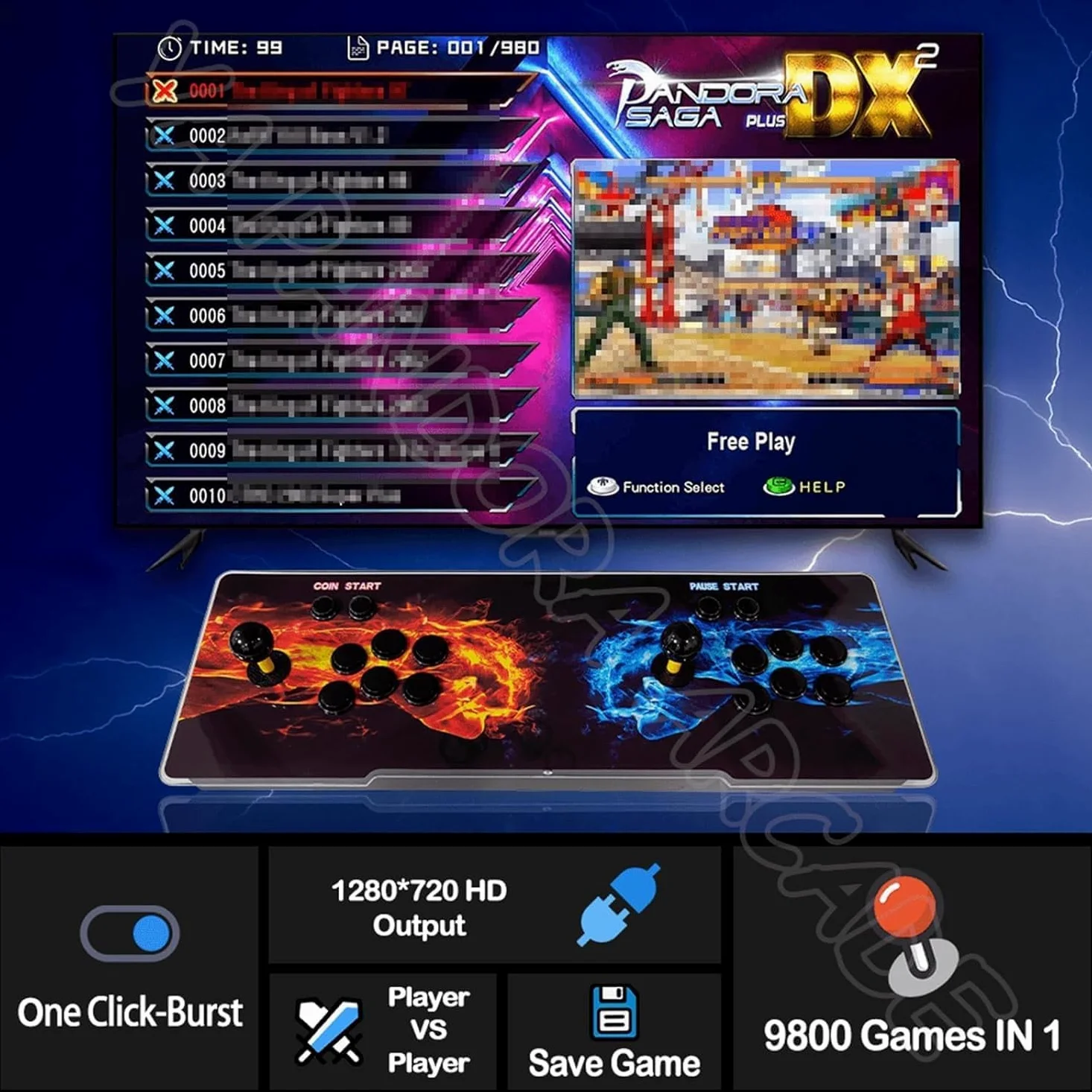 Box DX 10888 Console d'arcade rétro avec panneau lumineux RVB, joystick 8 voies et 16 boutons – Système de jeu HD 720p pour divertissement en famille (motif double poing)