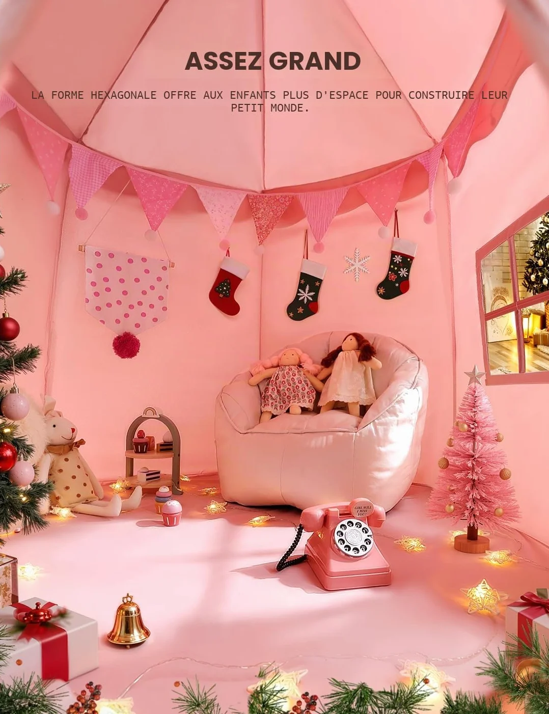 Besrey Tente Château pour Enfant - Cabane Intérieure avec Lumières, Rose
