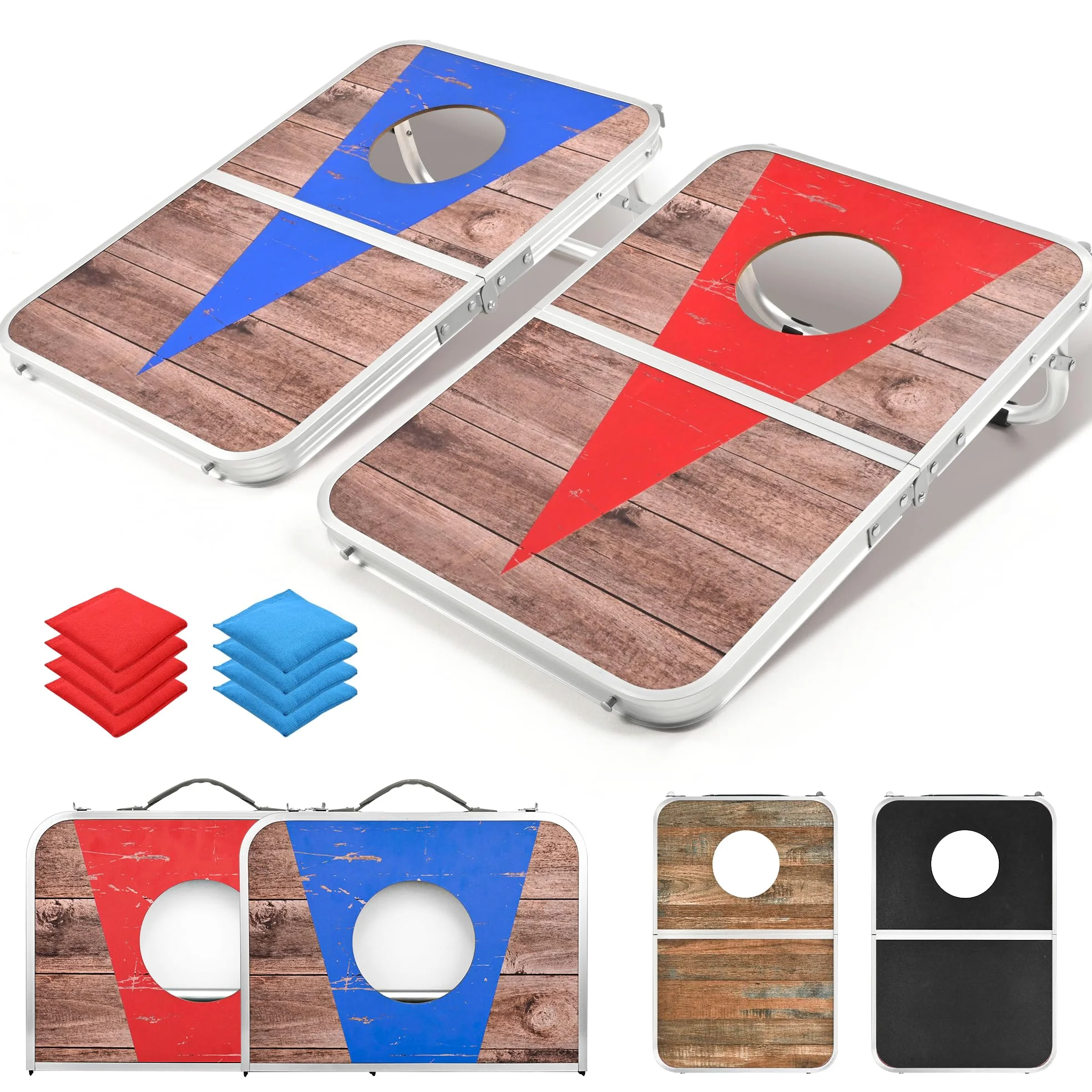 ROPODA Ensemble de Plateau Portable de 61 x 40,6 cm pour Adultes avec 8 poufs, Bordures en Alliage d'aluminium léger pour Jeux de Plein air, Plage et hayon.