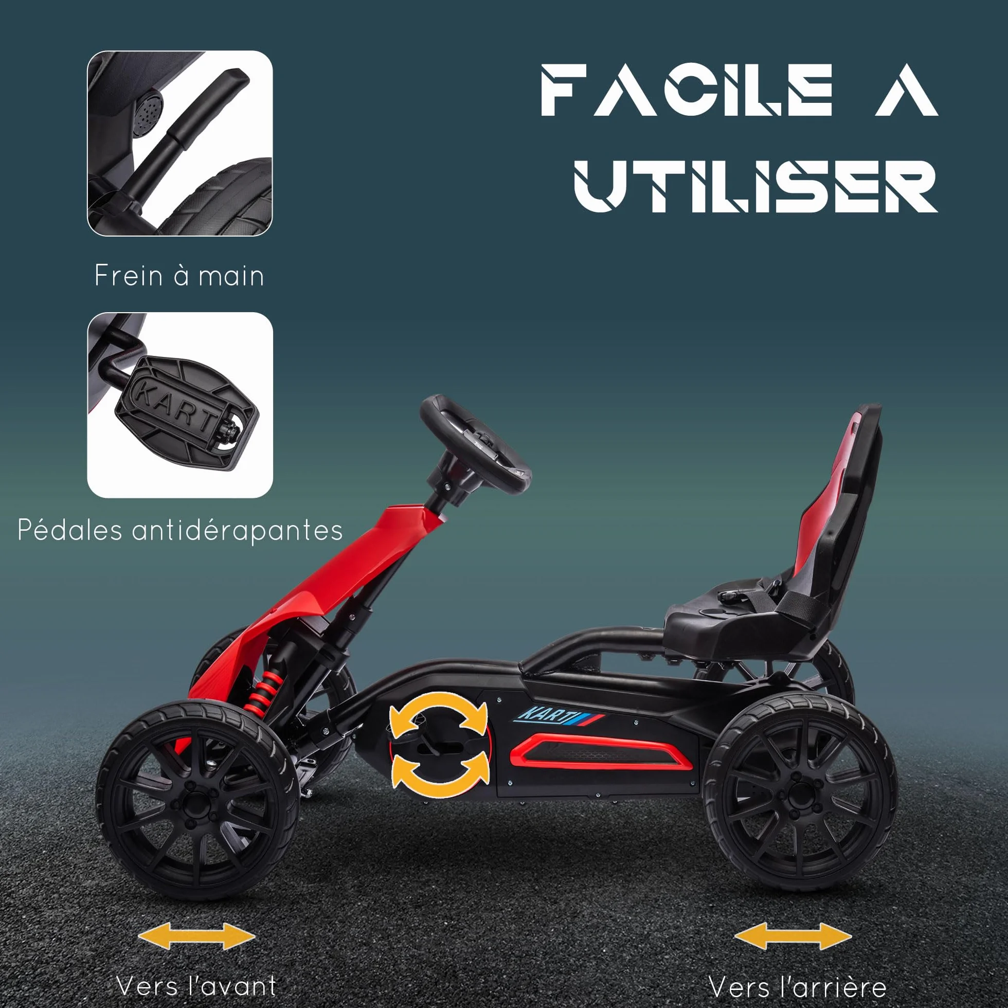 HOMCOM Kart à pédales pour Enfants, siège Ajustable 4 Positions, Roues EVA Silencieux, 100x58x58,5 cm, Rouge et Noir