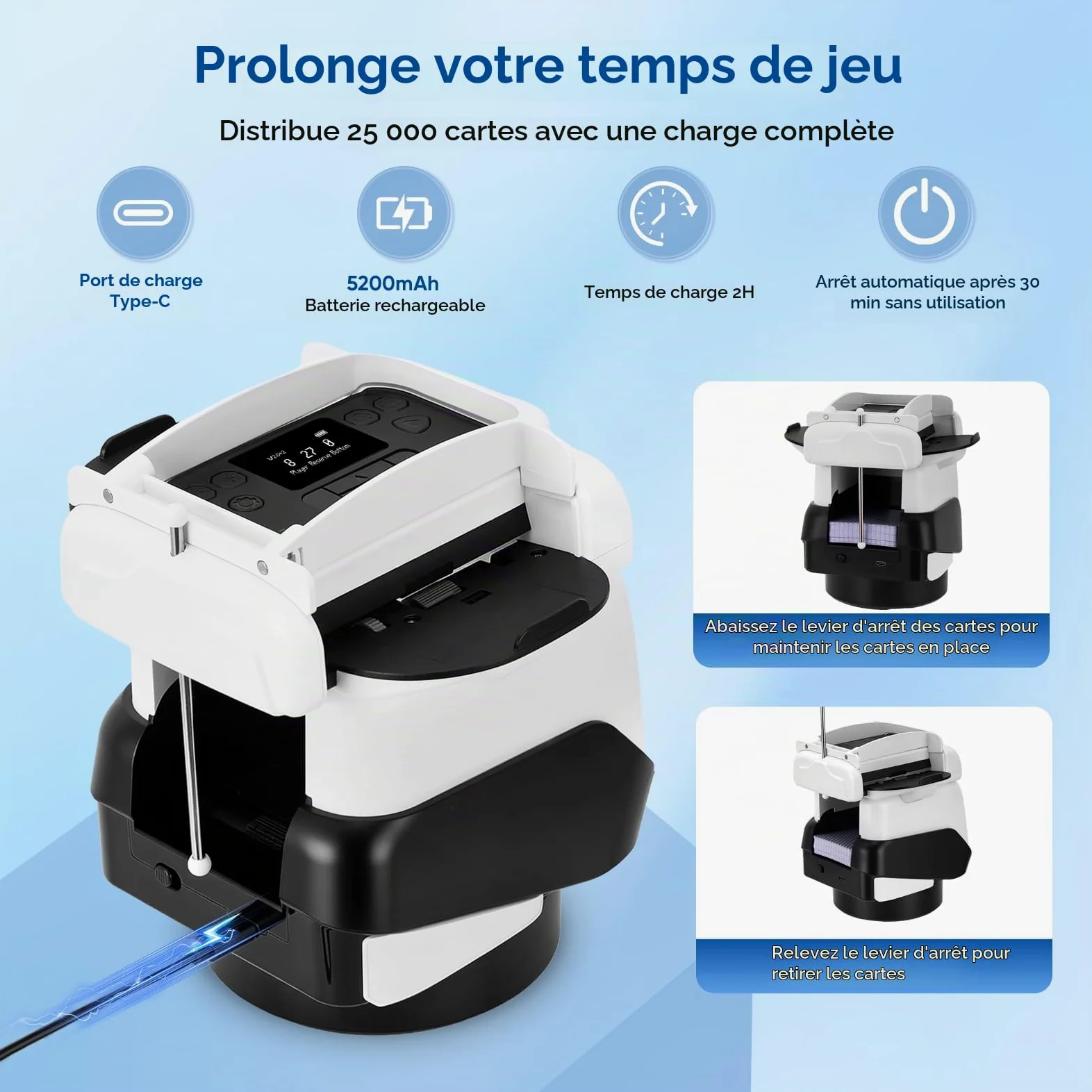 Mélangeur et Distributeur de Cartes Automatique 2-en-1 | Électrique | 4 Jeux & Jusqu'à 8 Joueurs | Réglable pour Texas Hold'em, Blackjack, Jeux de Société | Batterie 5200mAh | USB-C